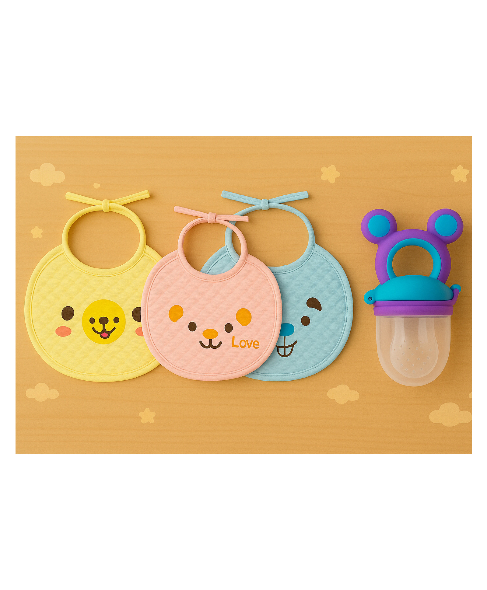 KIDS BASIC Premium Silicone Fruit Mickey Nibbler & 3 Knot Printed Bibs - Purple & Multicolor (Pack of 2)-image-42