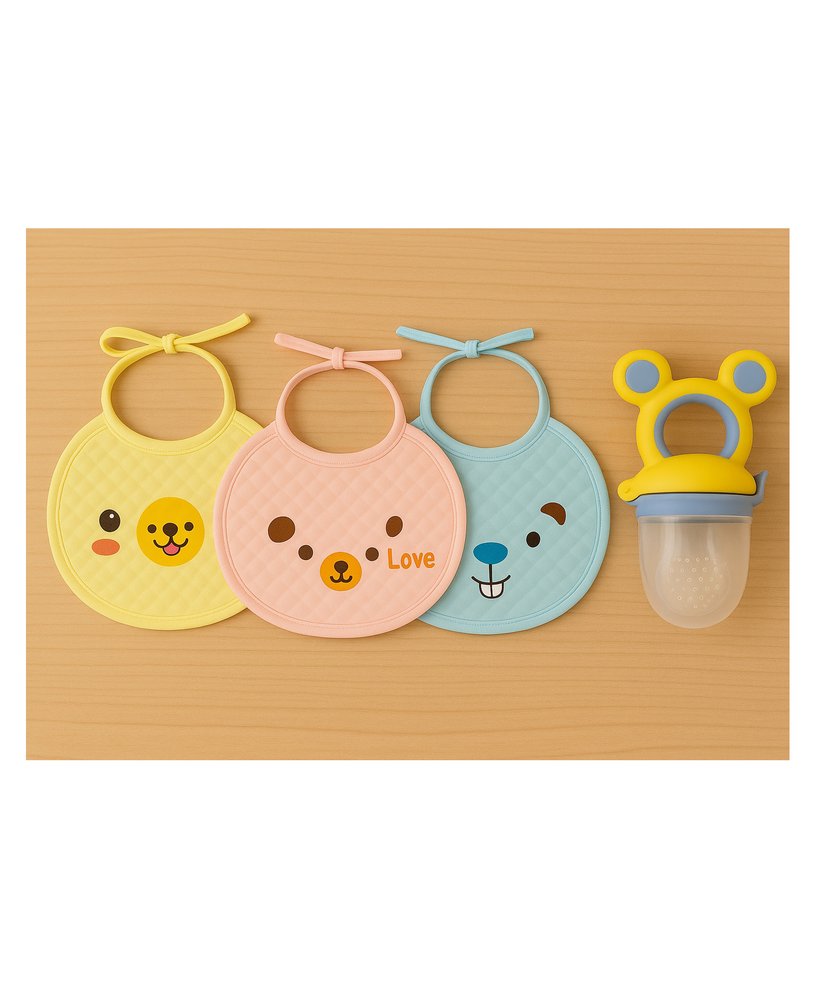 KIDS BASIC Premium Silicone Fruit Mickey Nibbler & 3 Knot Printed Bibs - Yellow & Multicolor (Pack of 2)-image-16