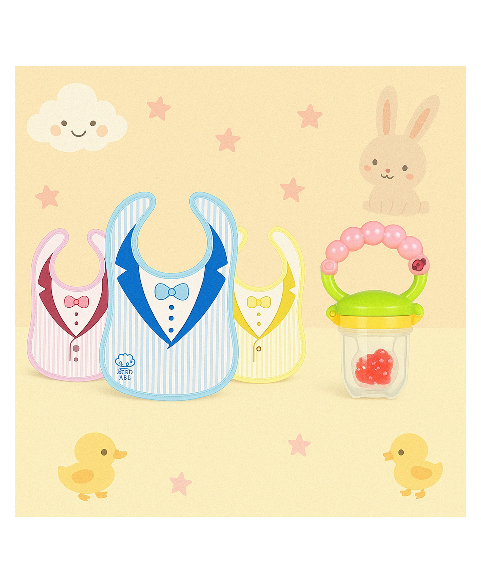 KIDS BASIC Premium Silicone Fruit Rattle Nibbler & 3 Snap Button Tie Printed Bibs - Pink & Multicolor (Pack of 2)-image-27