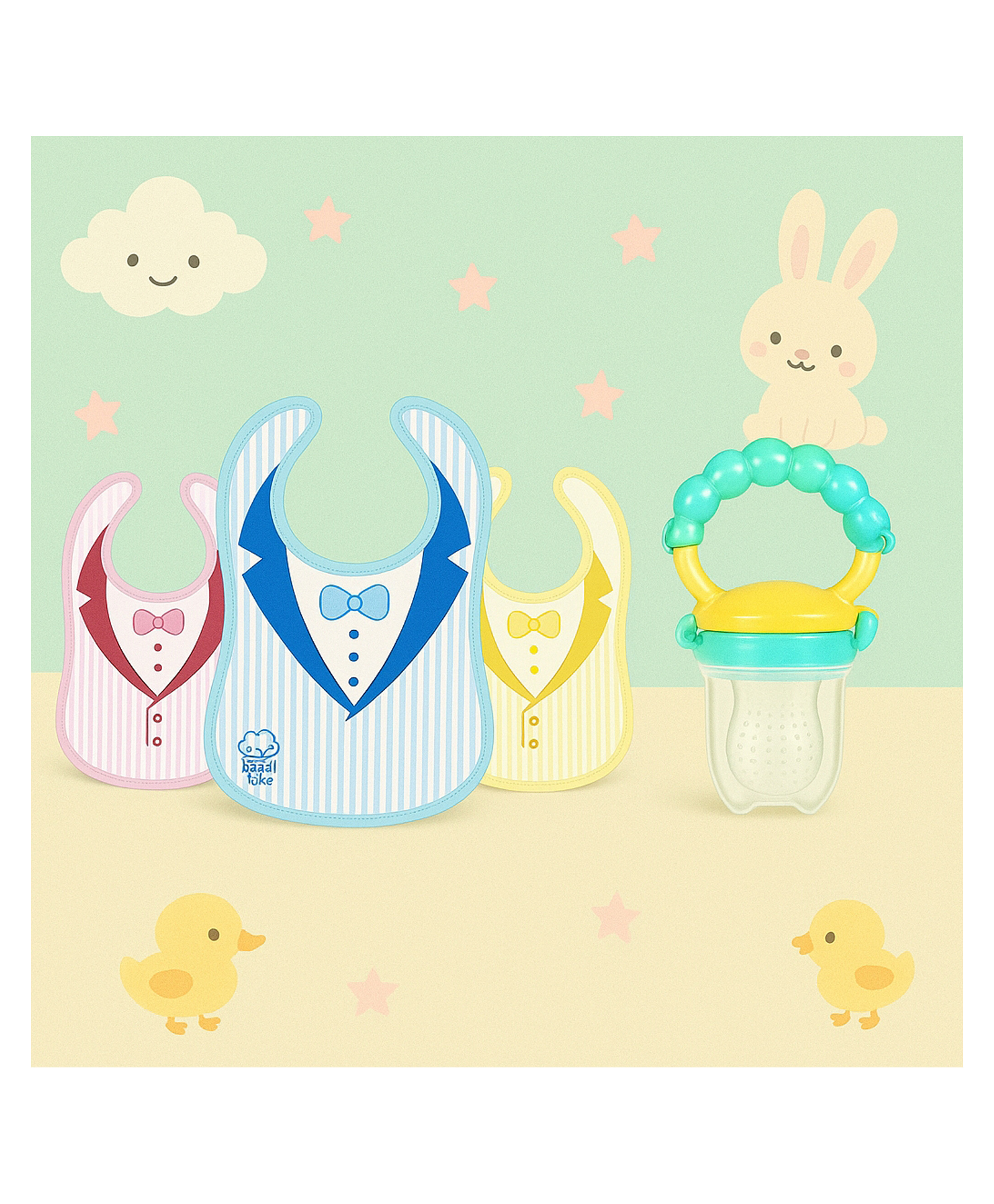 KIDS BASIC Premium Silicone Fruit Rattle Nibbler & 3 Snap Button Tie Printed Bibs - Blue & Multicolor (Pack of 2)-image-33