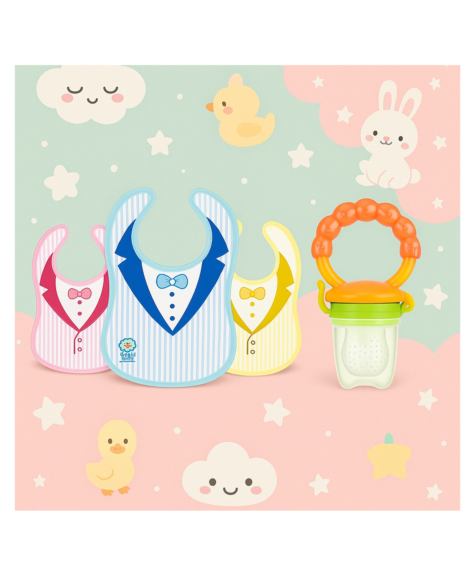 KIDS BASIC Premium Silicone Fruit Rattle Nibbler & 3 Snap Button Tie Printed Bibs - Orange & Multicolor (Pack of 2)-image-27
