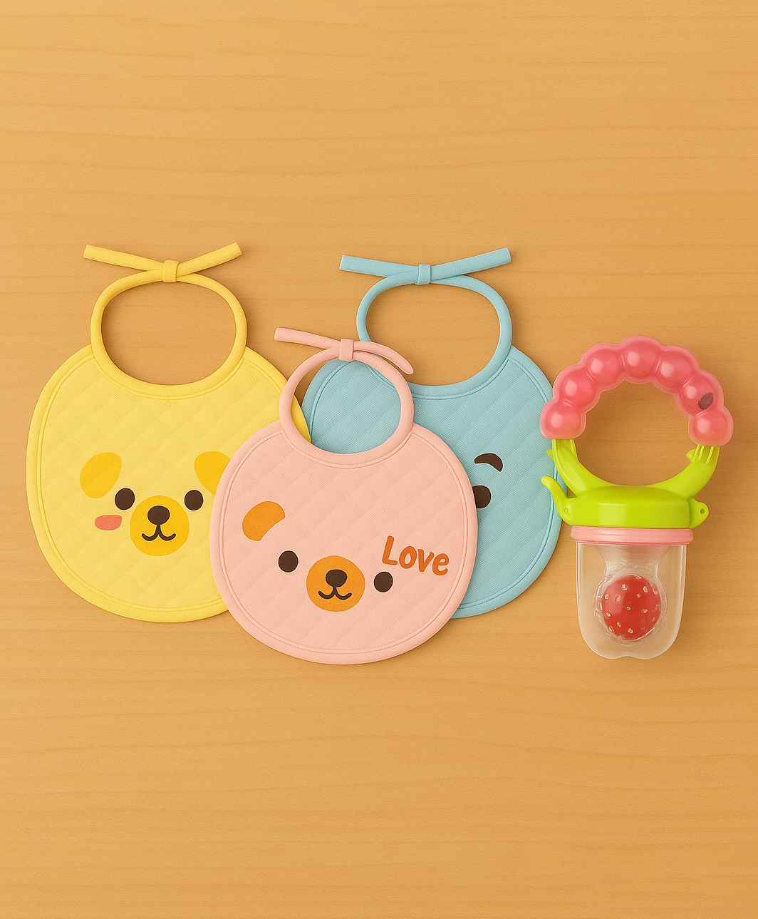 KIDS BASIC Premium Silicone Fruit Rattle Nibbler & 3 Knot Printed Bibs - Pink & Multicolor (Pack of 4)-image-13