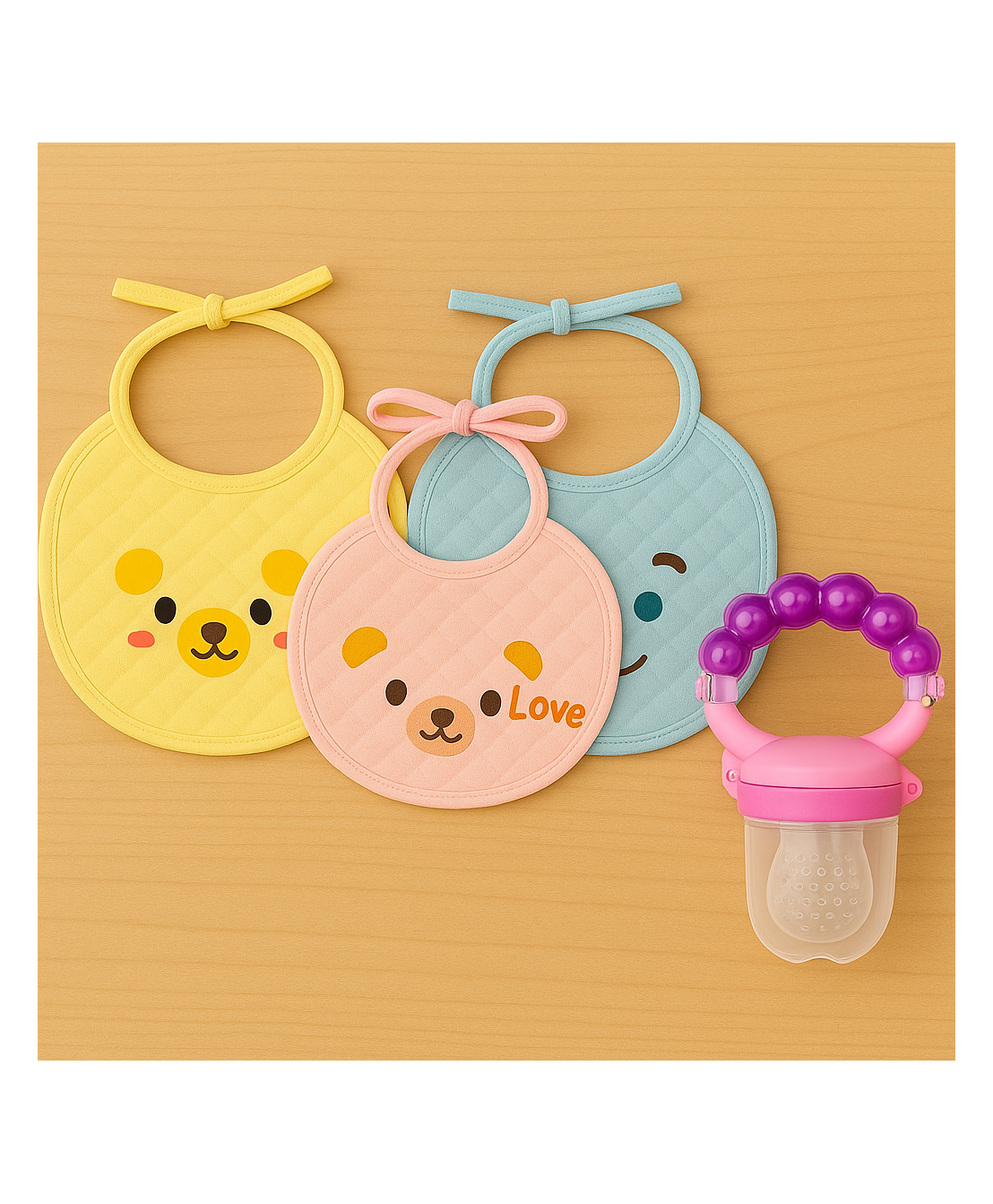 KIDS BASIC Premium Silicone Fruit Rattle Nibbler & 3 Knot Printed Bibs - Purple & Multicolor (Pack of 4)-image-49