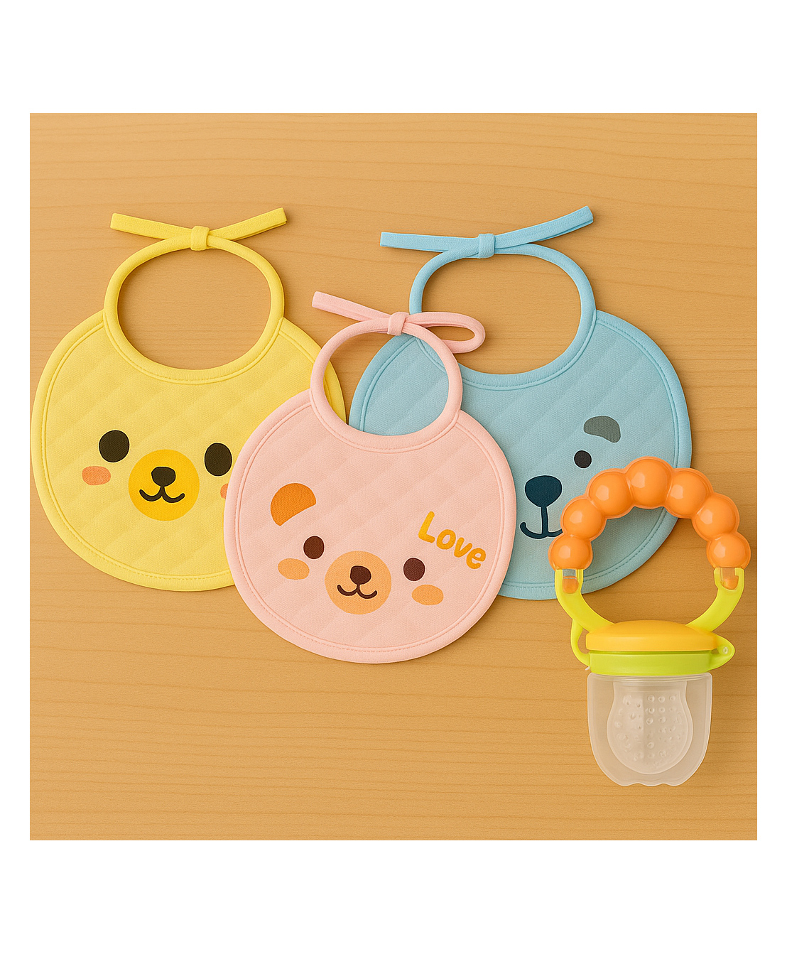 KIDS BASIC Premium Silicone Fruit Rattle Nibbler & 3 Knot Printed Bibs - Orange & Multicolor (Pack of 4)-image-24