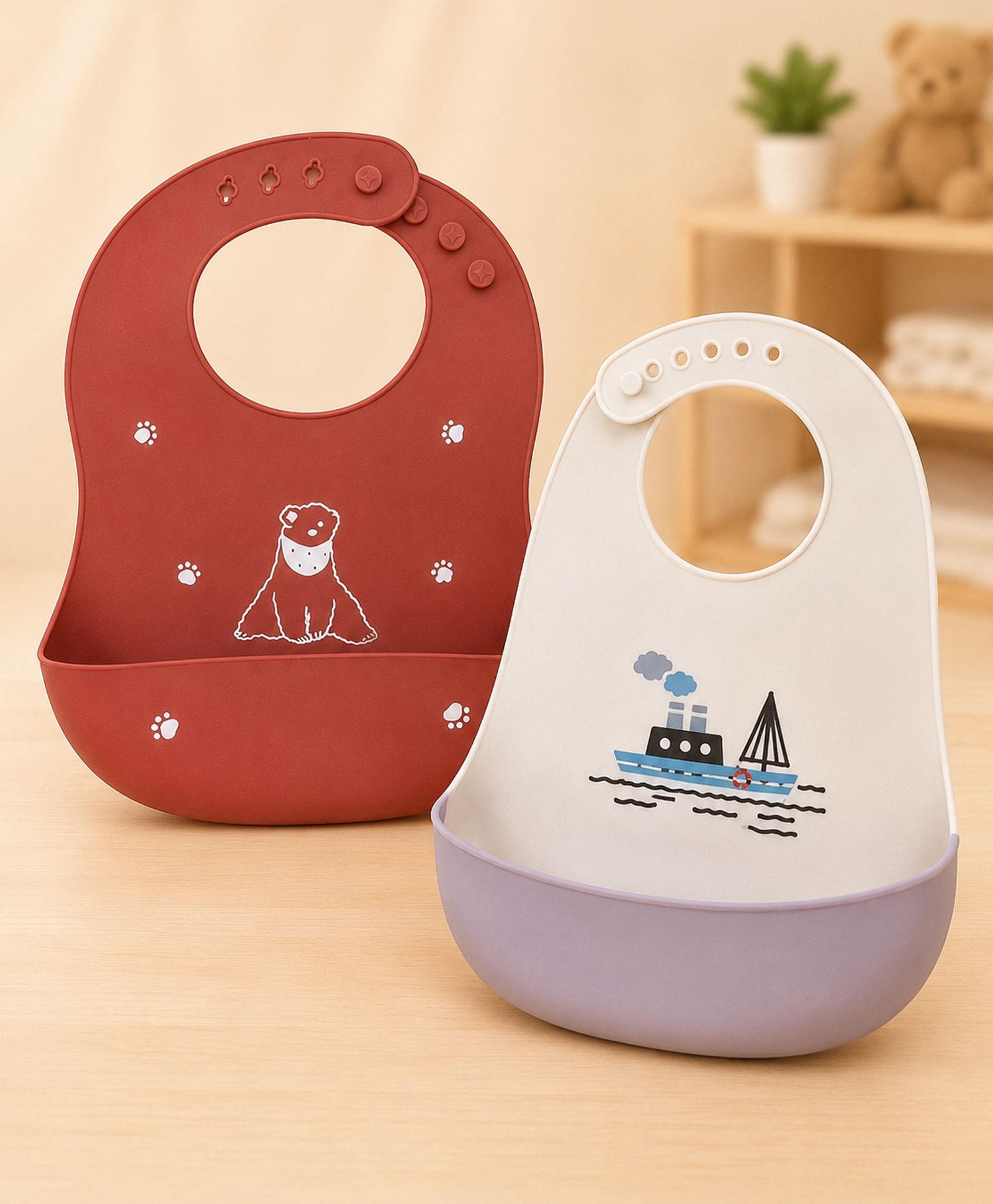 KIDS BASIC Soft Silicone Baby Bib with Food Pocket , Waterproof & Adjustable - Blue & Beige (Pack of 2)-image-47