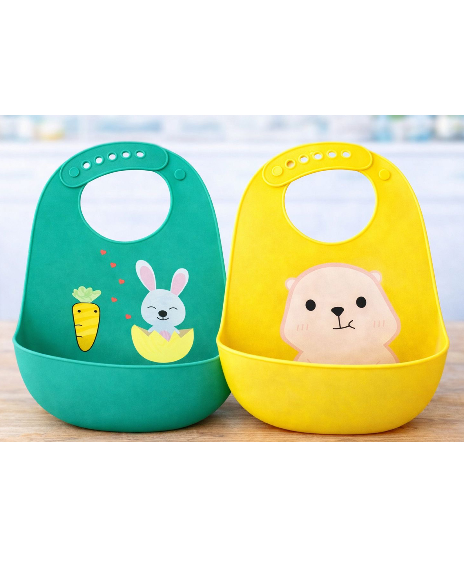 KIDS BASIC Soft Silicone Baby Bib with Food Pocket , Waterproof & Adjustable - Beige Mint & Yellow (Pack of 2)-image-32