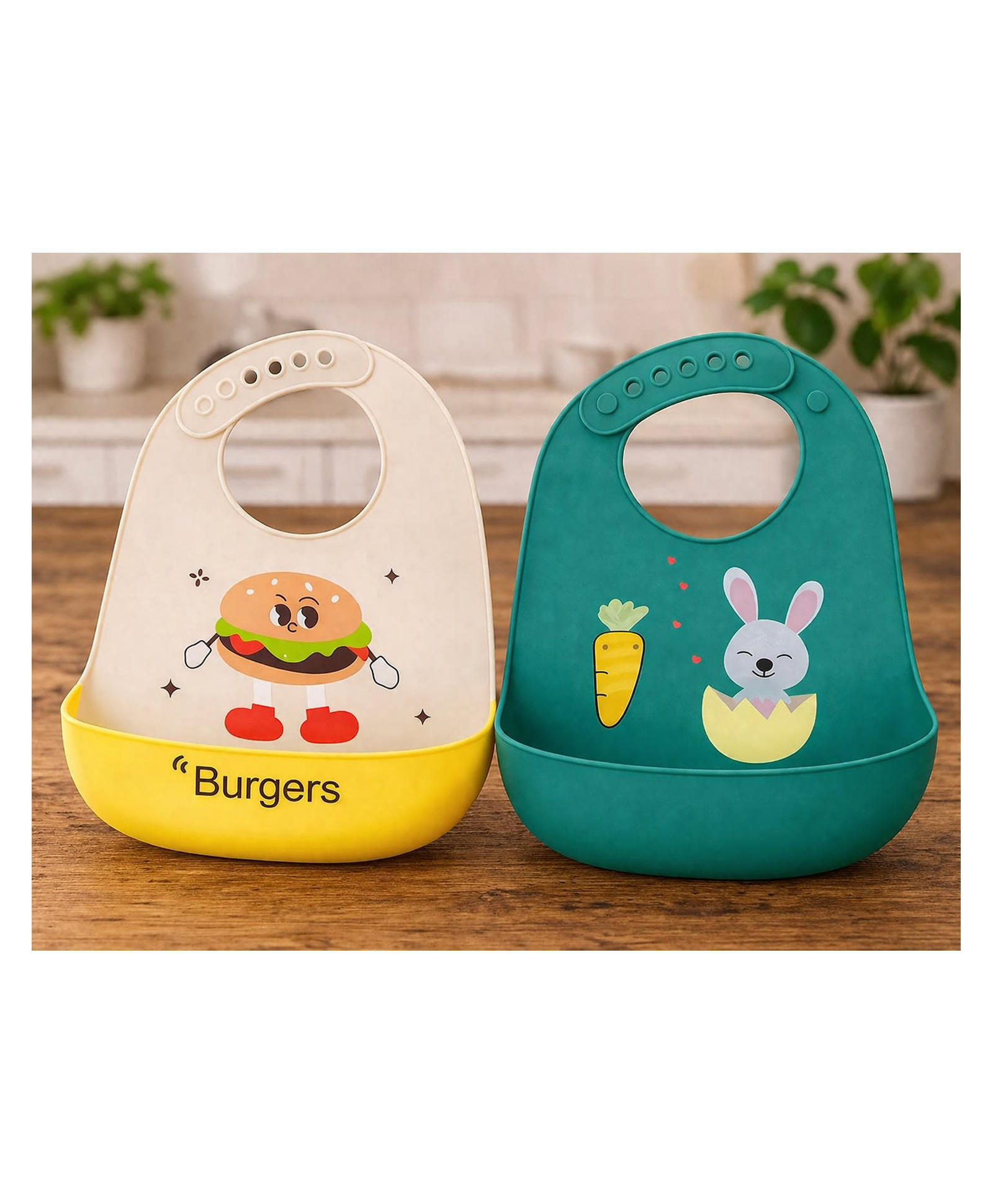 KIDS BASIC Soft Silicone Baby Bib with Food Pocket , Waterproof & Adjustable - Beige Mint & Green (Pack of 2)-image-49