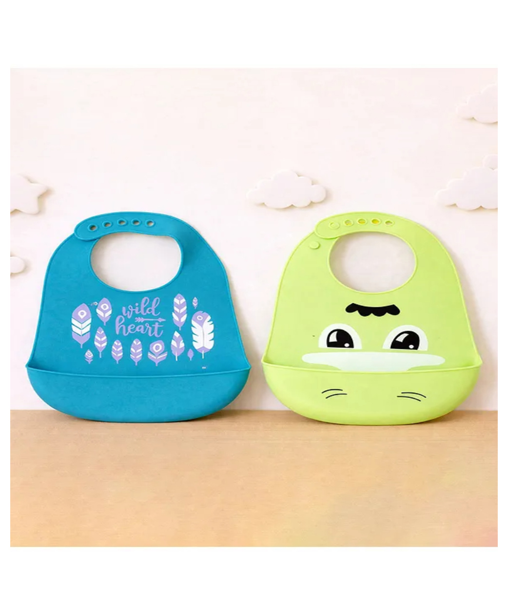 KIDS BASIC Soft Silicone Baby Bib with Food Pocket , Waterproof & Adjustable - Green & Grey (Pack of 2)-image-30