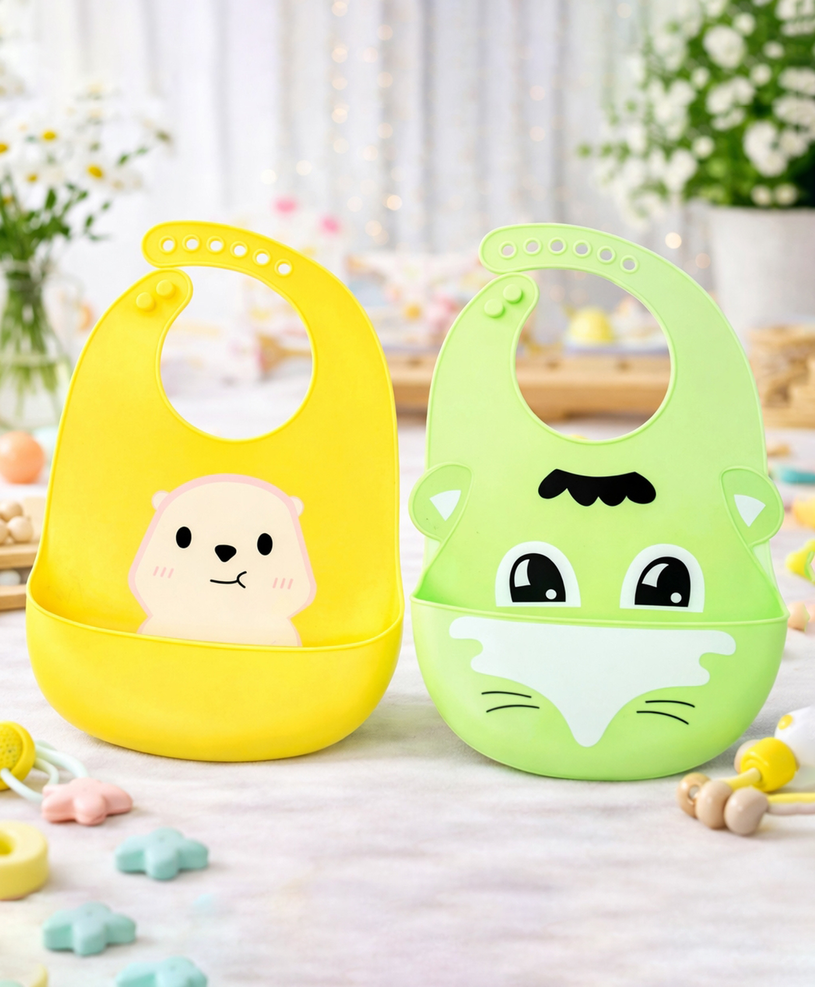 KIDS BASIC Soft Silicone Baby Bib with Food Pocket , Waterproof & Adjustable - Green & Pink (Pack of 2)-image-41