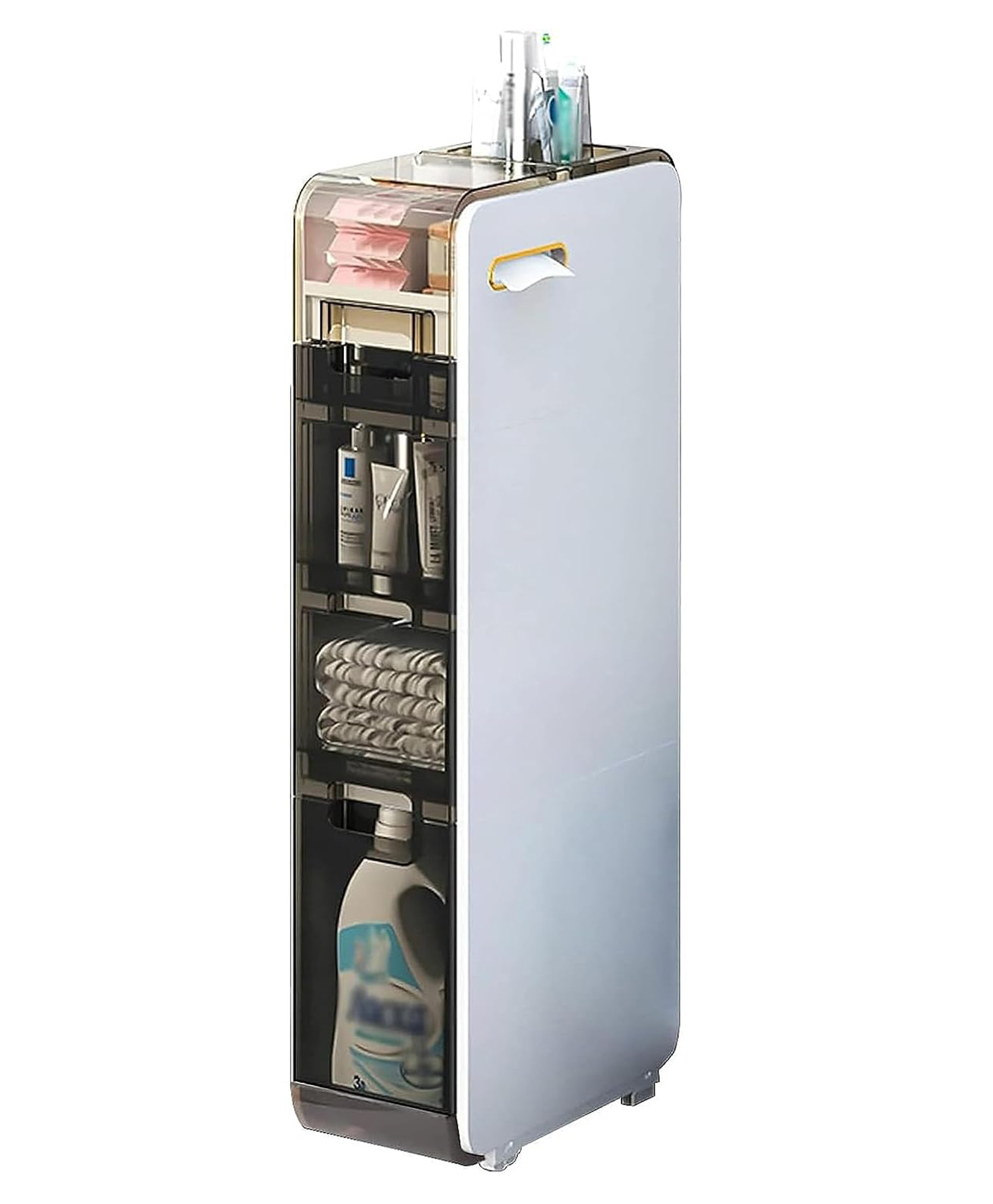 House of Quirk Plastic 4-Tiers Bathroom Floor Storage Cabinet Narrow Slim Towel Organizer Side Corner Unit With Clear Drawers - White-image-5