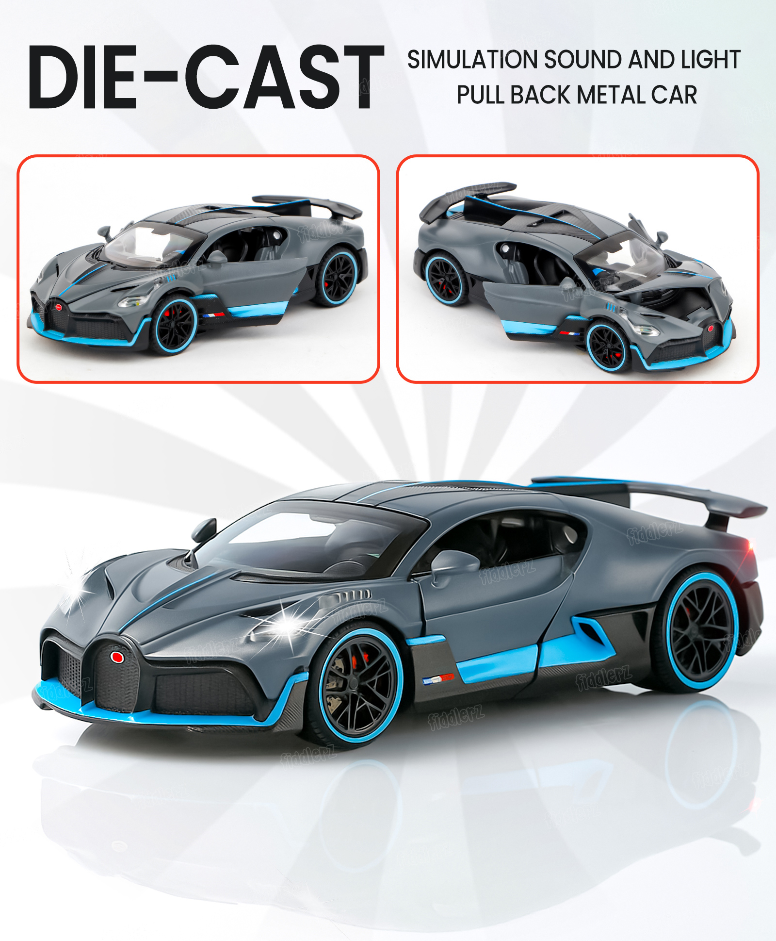 Fiddlerz Die-Cast Car Toy 1:32 Scale with Pull Back Action LED Lights Openable Doors Realistic Sound Supercar Premium Collectible Model Metal Car for Kids and Adults (Grey)-picture-16