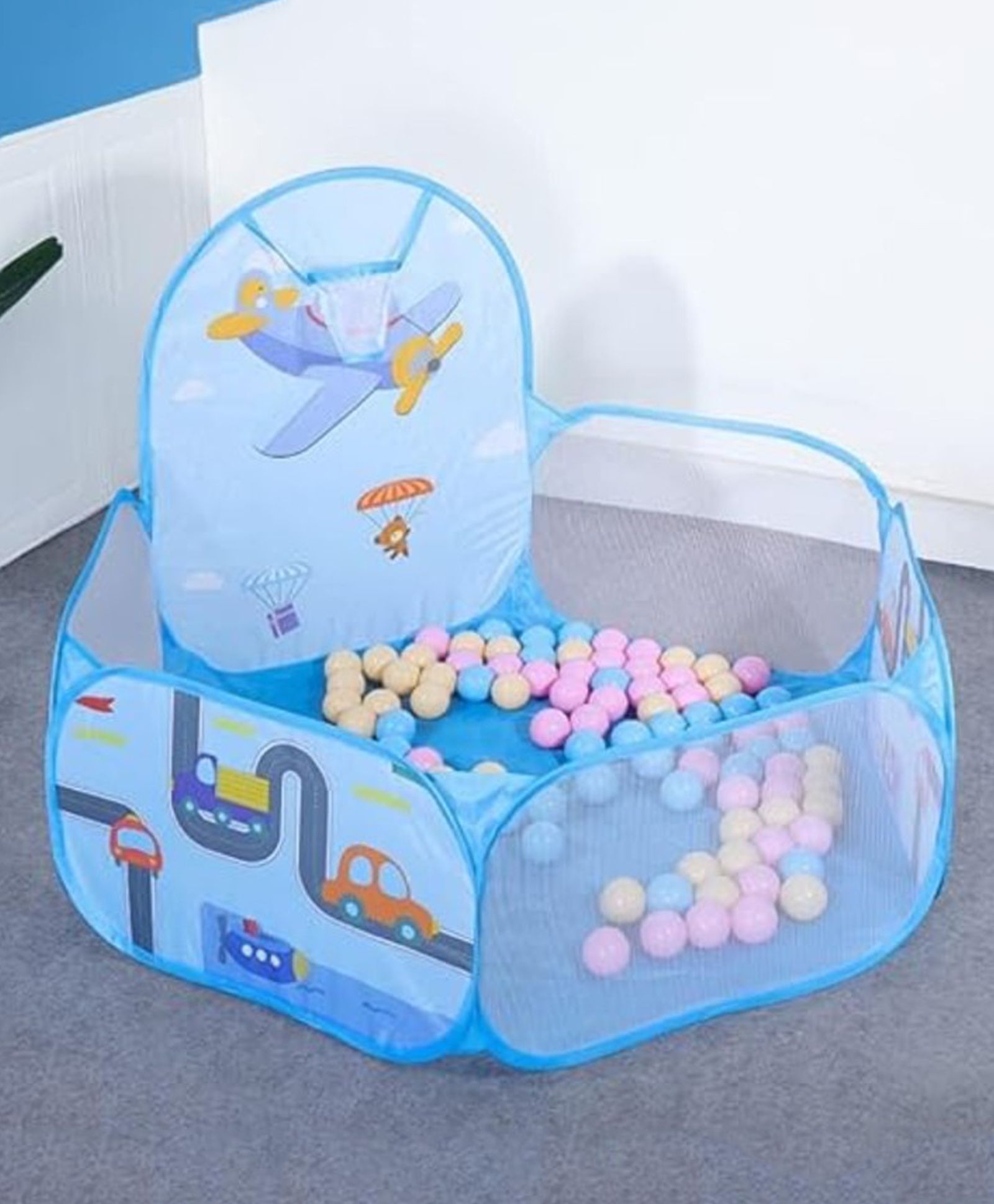 Babygo Large Pop Up Aeroplane Kids Ball Pit Play Tent with Basketball for Toddlers Ball Pit for Toddlers (with 30 Balls)-picture-5
