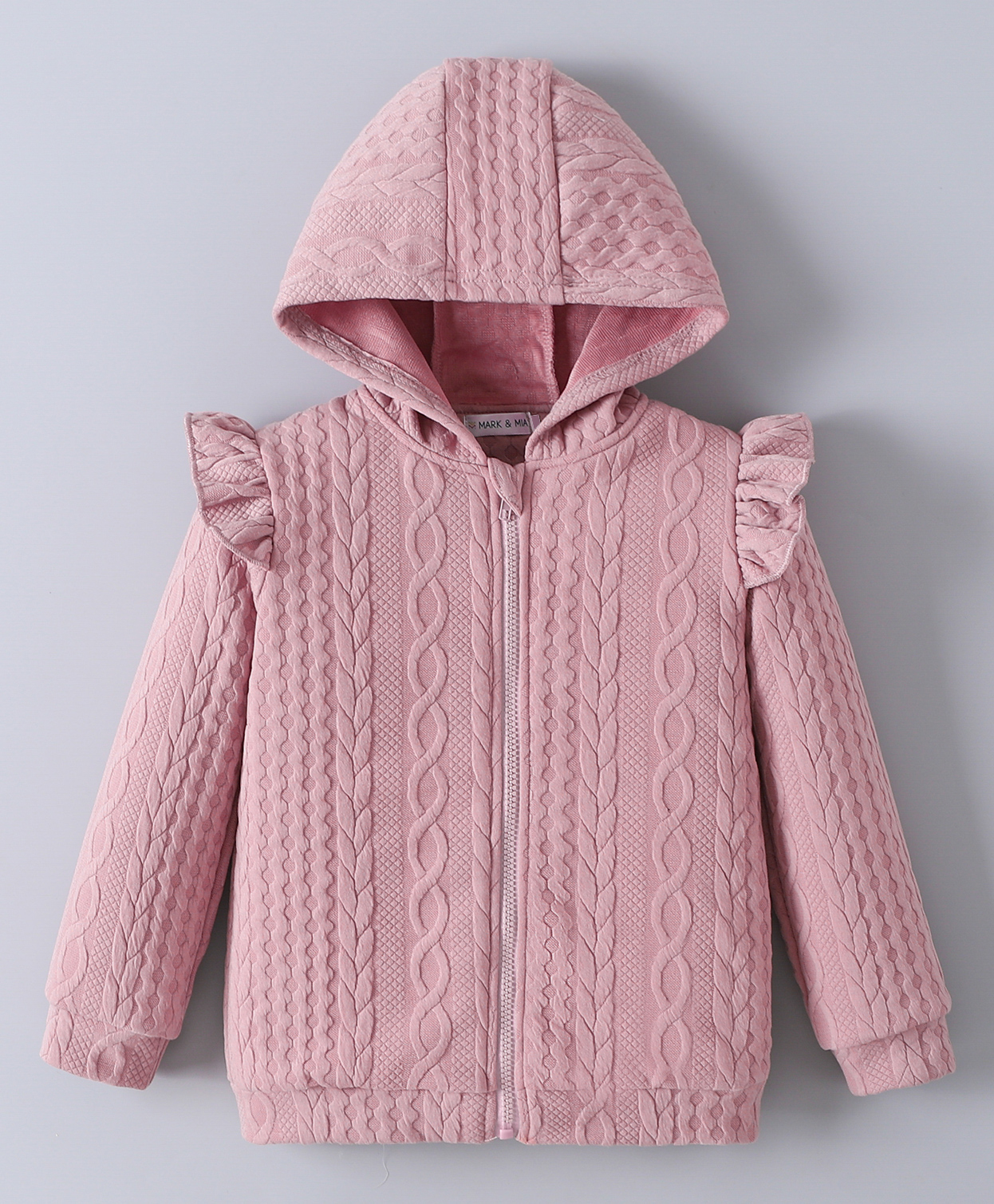 Mark & Mia Full Sleeves Front Open Hooded Sweatjacket with Frill Detailing & Cable Knit Design - Pink-picture-12