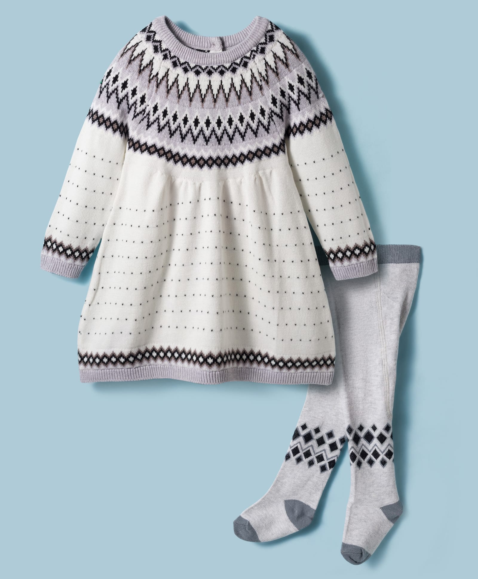 ToffyHouse Cotton Knit Full Sleeves Woolen Dress & Stockings Set with Fair Isle Design - Offwhite & Black-image-33