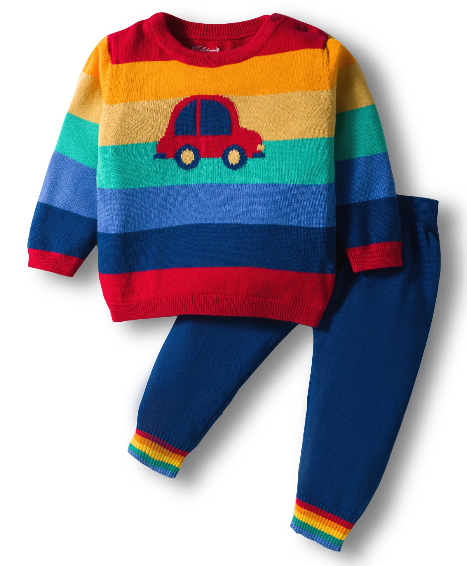 ToffyHouse Cotton Sweater Knit Full Sleeves Striped Winter Wear Set With Car Design - Blue-image-29