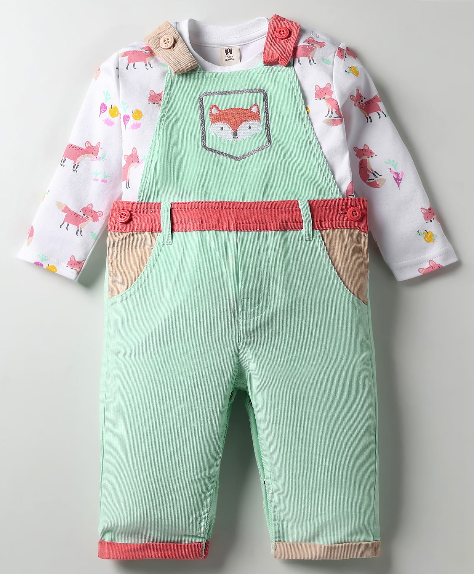 ToffyHouse Cotton Woven Corduroy Embroidered Dungaree with Full Sleeves Animal Fox Printed T-Shirt - White & Light Green-picture-29