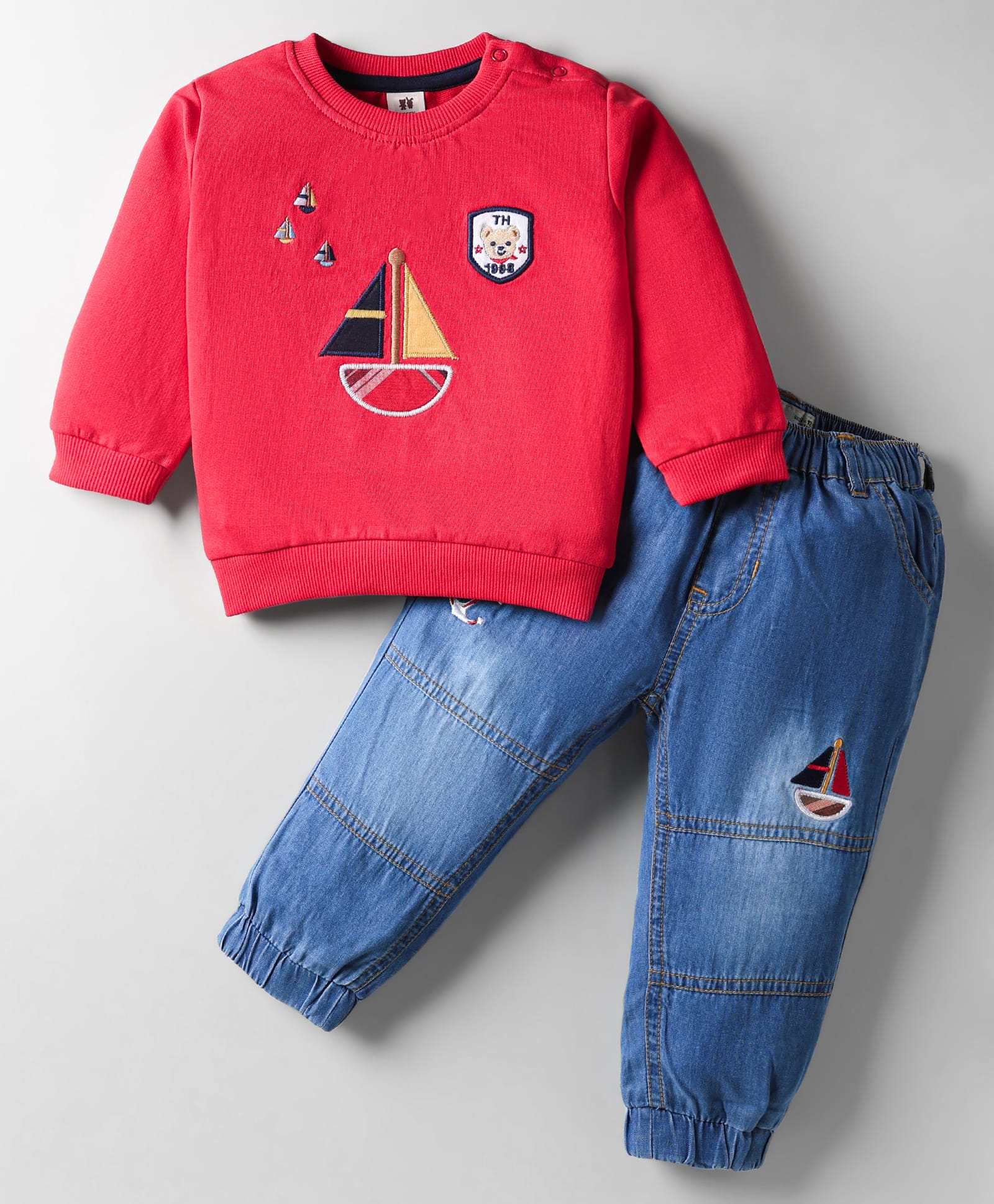 ToffyHouse Cotton Knit Full Sleeves T-Shirt & Denim Jeans Set with Boat & Bear Embroidery - Red-picture-19