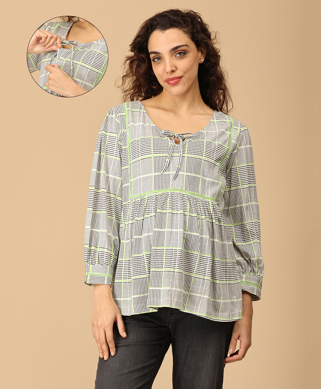 The Mom Store Cotton Full Sleeves Checked Maternity & Nursing Top - Multi Colour-image-45