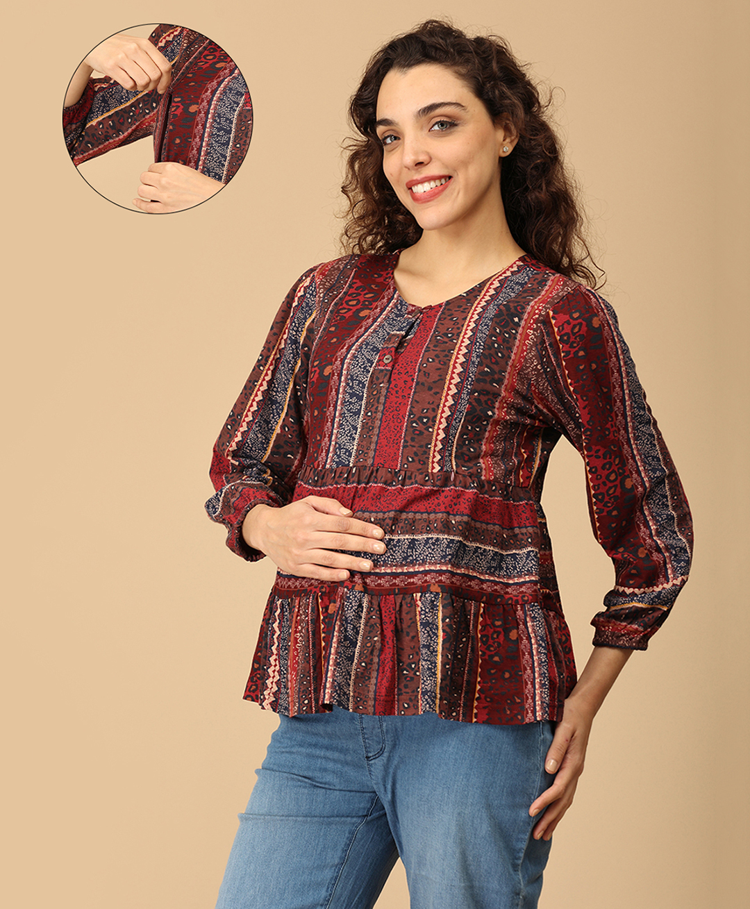The Mom Store Cotton Three Fourth Sleeves Striped & Cheetah Printed Maternity & Nursing Top - Multi Colour-image-47