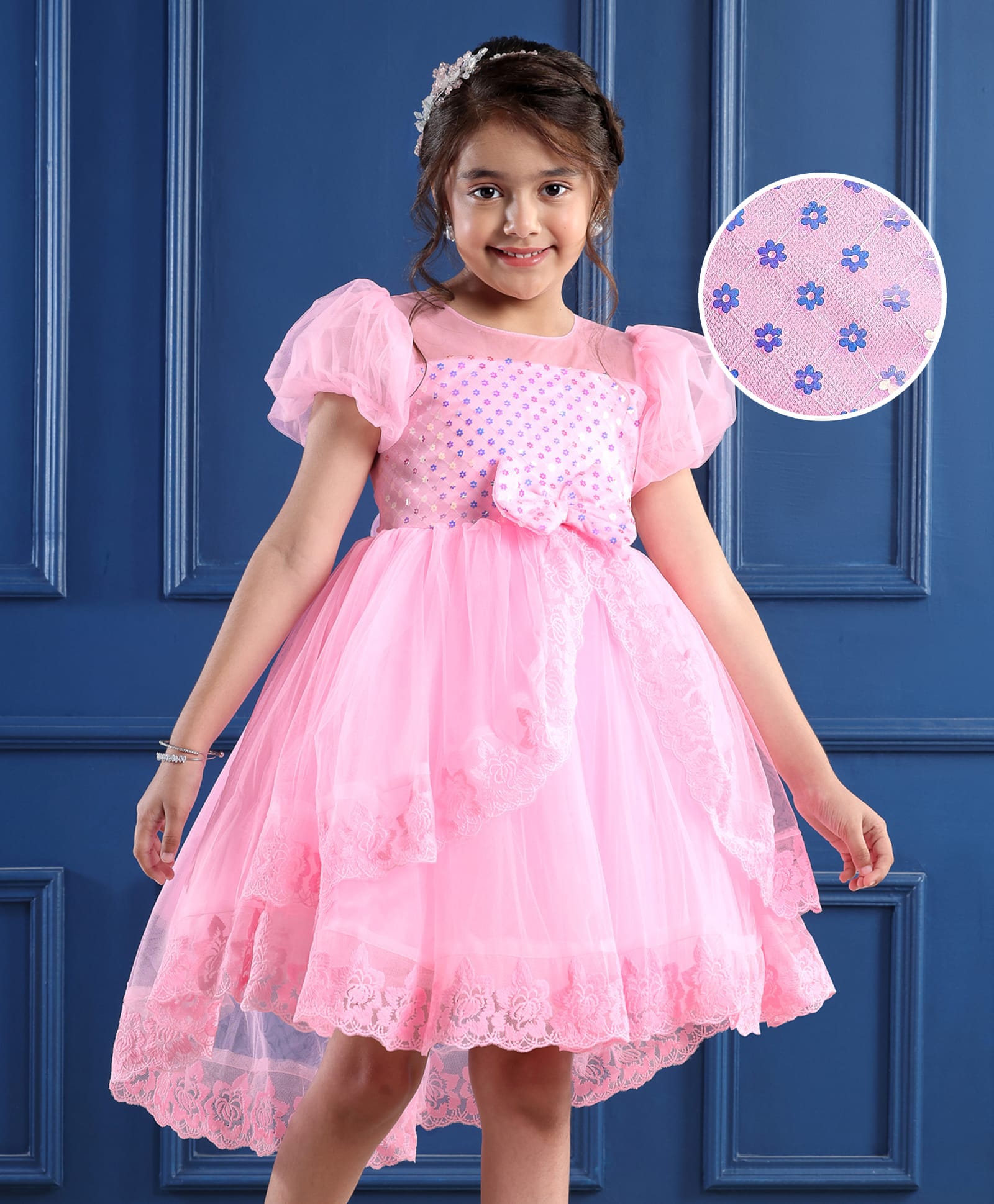 Mark & Mia Cotton Woven Half Sleeves Knee Length Party Frock With Sequins & Lace Detailing - Pink-picture-39