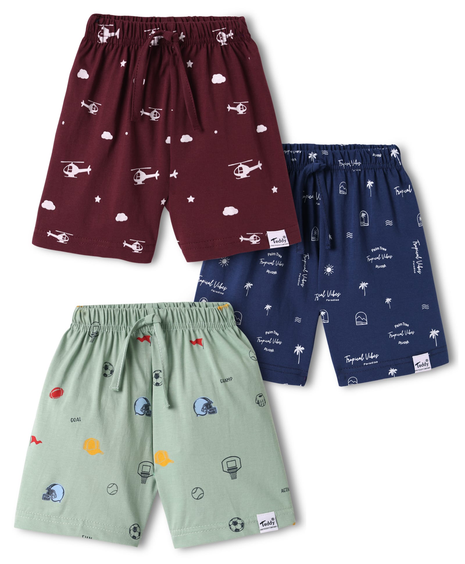 Teddy Sinker Knit Knee Length Shorts With Vehicles Beach & Sports Theme Print Pack Of 3 - Maroon Navy Blue & Light Green-image-36