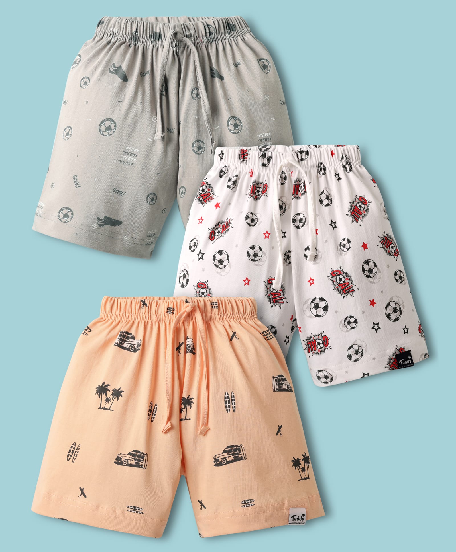 Teddy Sinker Knit Knee Length Shorts With Football Print Pack Of 3 - Grey White & Peach-picture-12