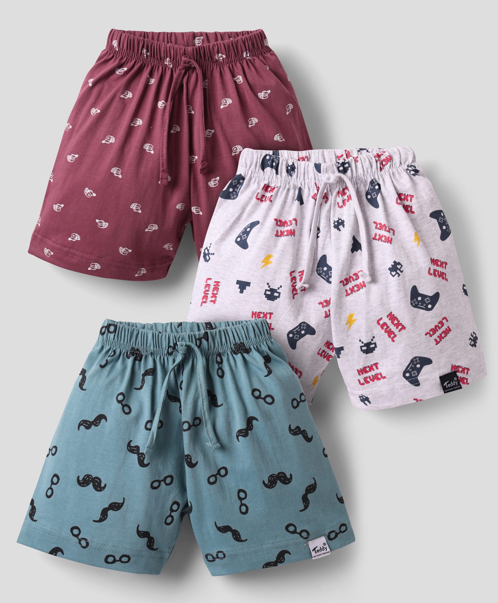 Teddy Sinker Knit Knee Length Shorts With Sports Print Pack Of 3 - Maroon White & Green-picture-46
