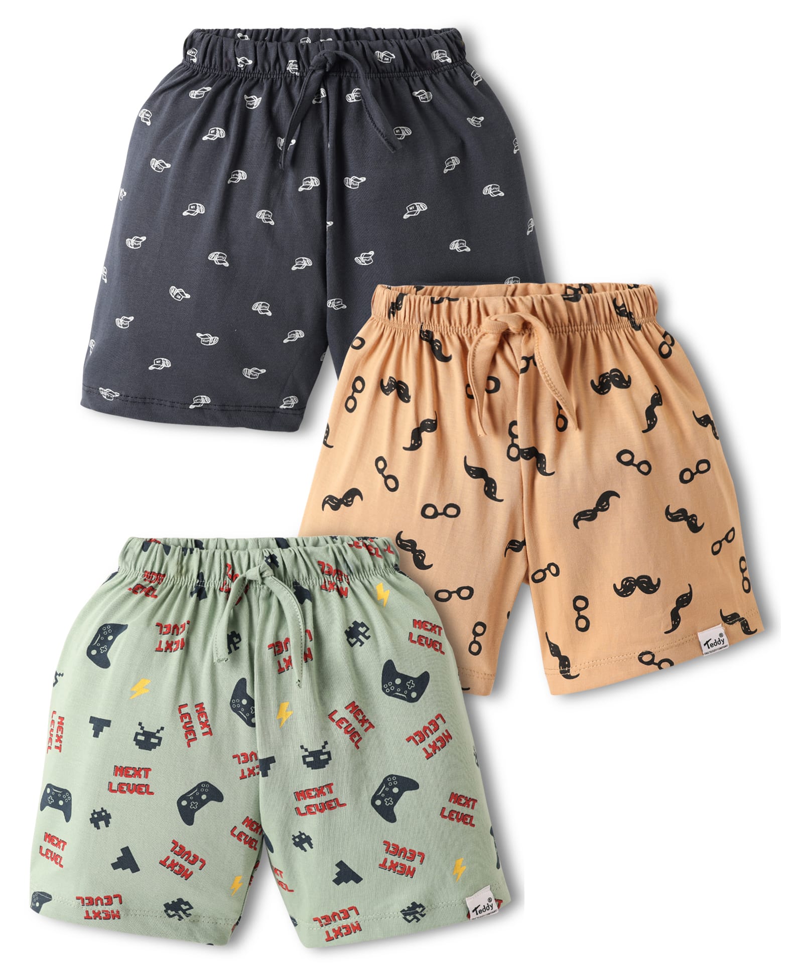 Teddy Sinker Knit Knee Length Shorts With Sports Theme Print Pack Of 3 - Charcoal Grey Light Green & Peach-image-18