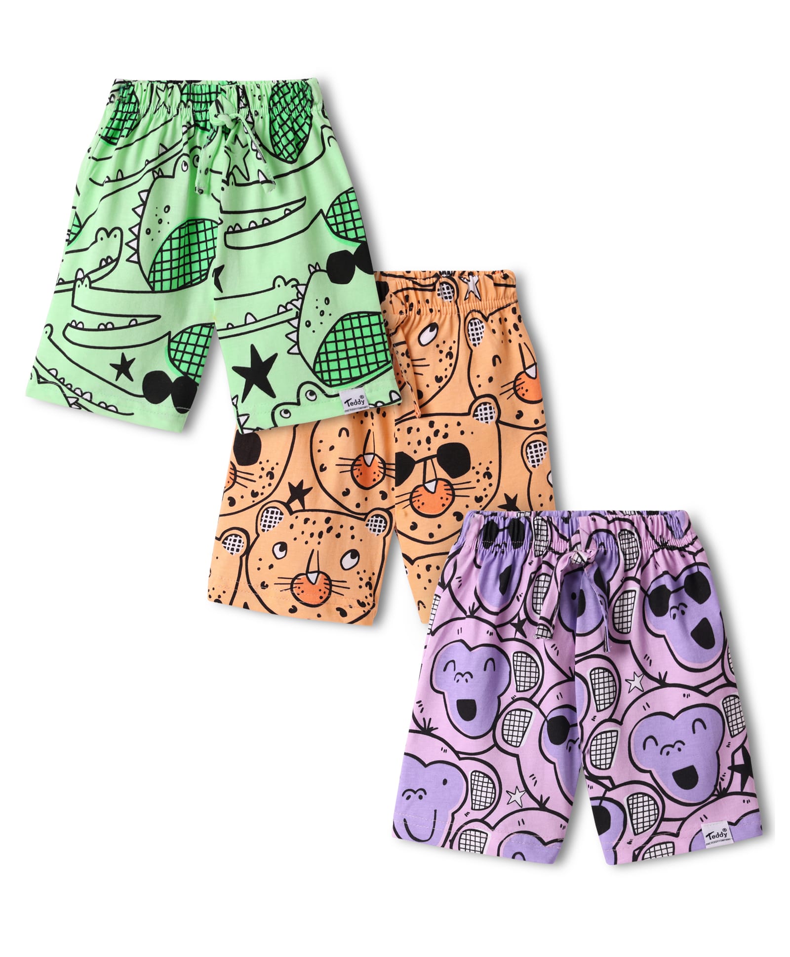 Teddy Sinker Knit Knee Length Shorts With Animal Print Pack Of 3 - Light Green Peach & Purple-picture-18