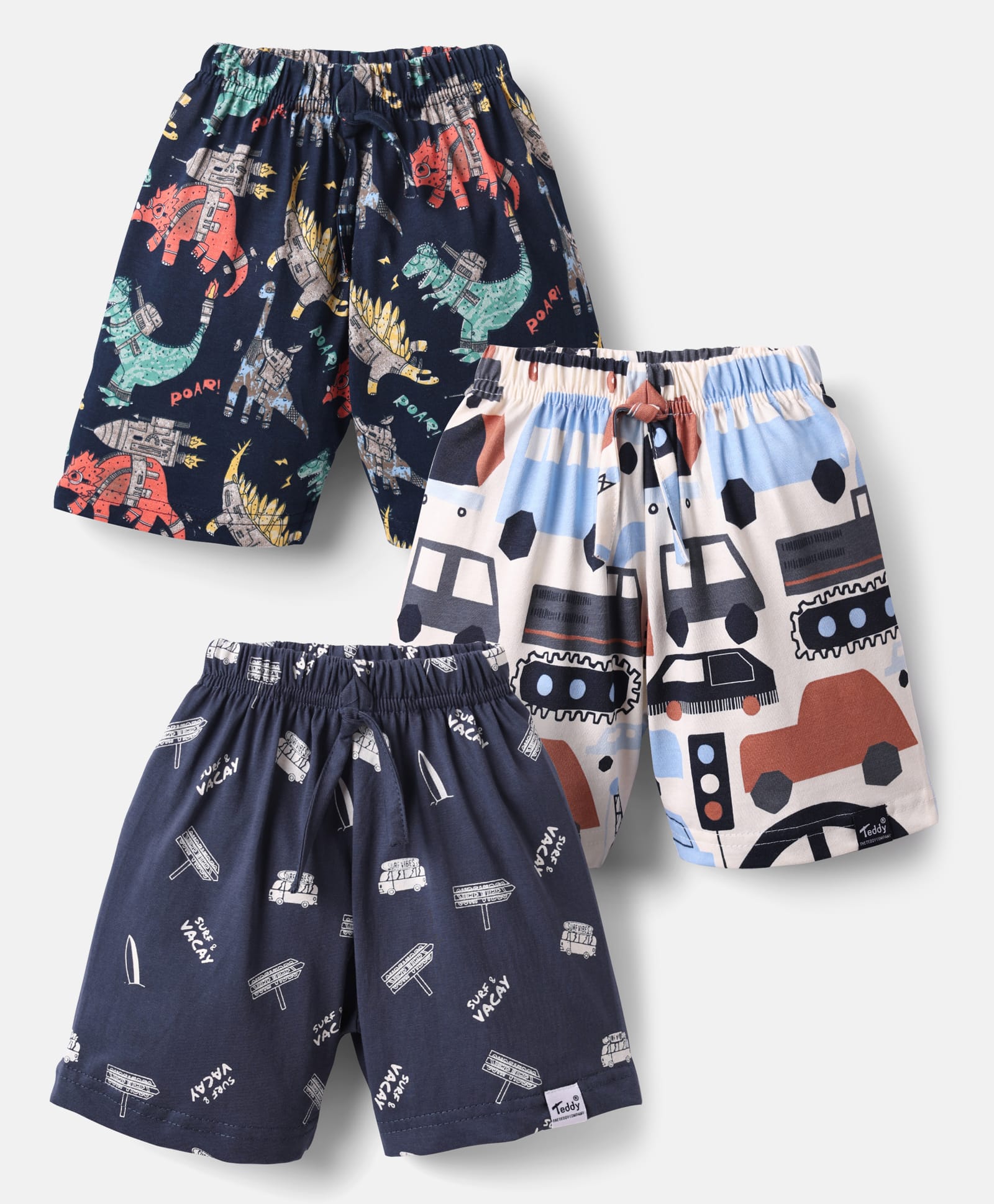 Teddy Sinker Knit Knee Length Shorts With Dino & Vehicles Print Pack Of 3 - Multicolour-picture-45