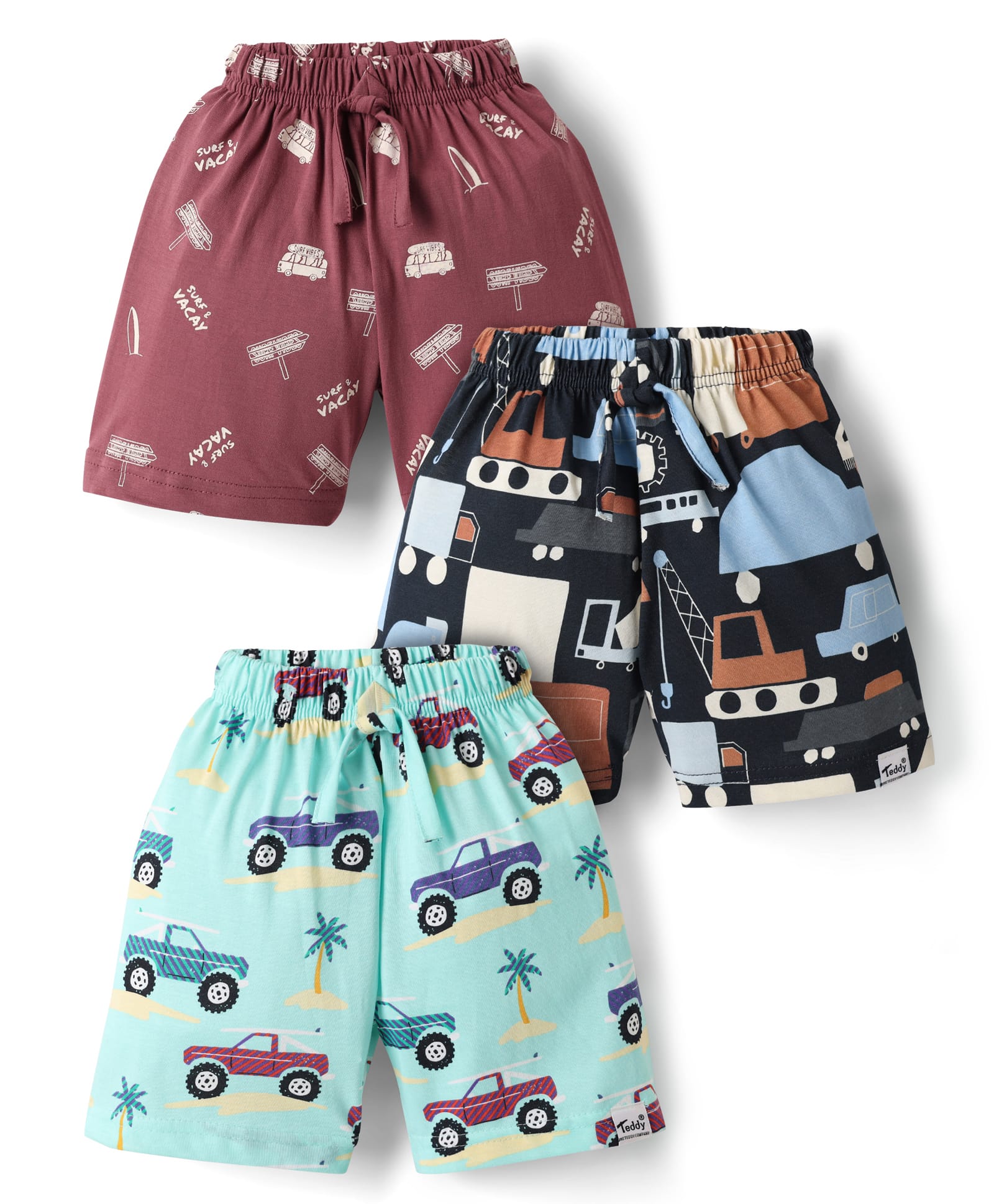 Teddy Sinker Knit Knee Length Shorts With Vehicles Print Pack Of 3 - Light Blue Black & Maroon-picture-47