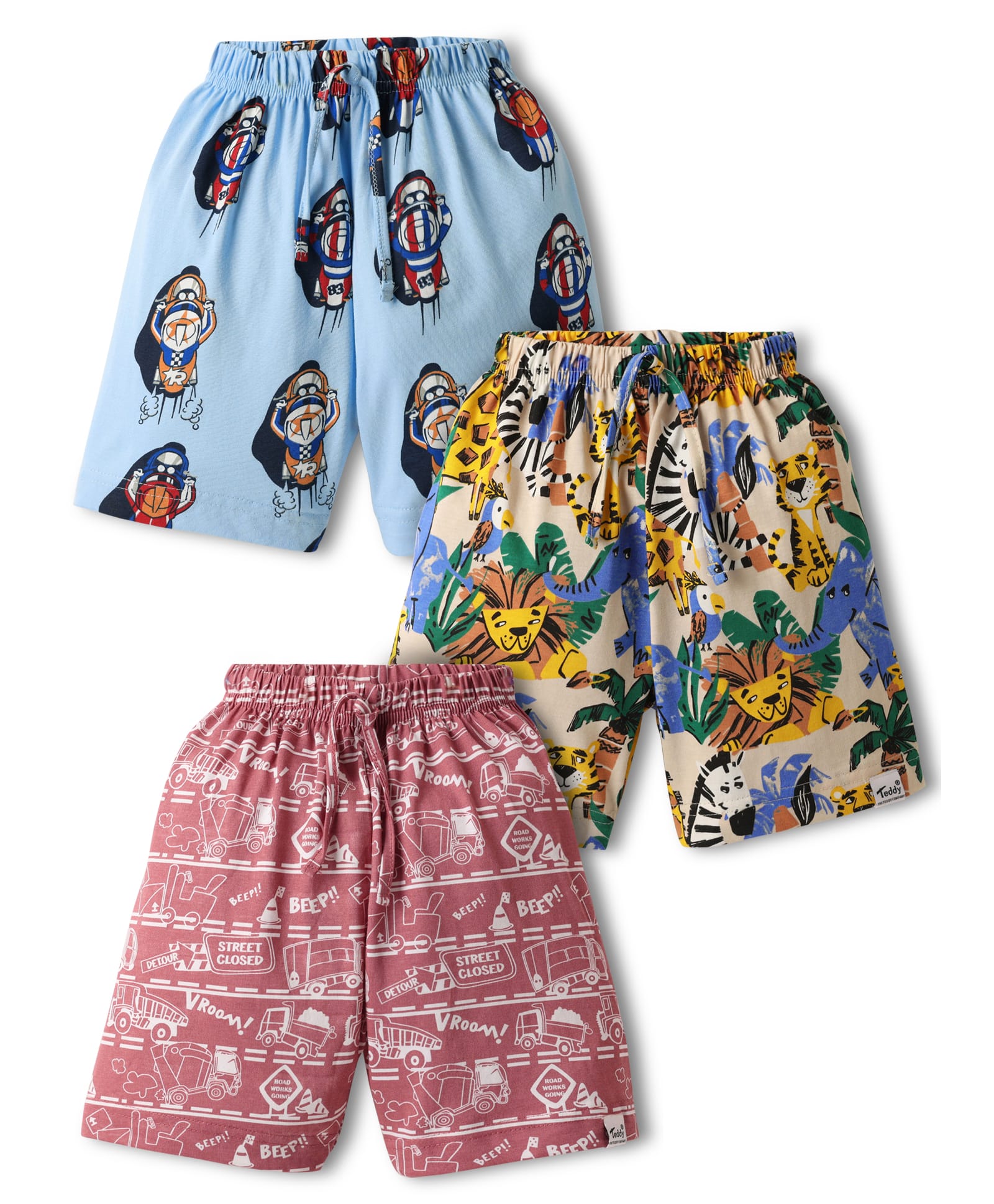 Teddy Sinker Knit Knee Length Shorts With Vehicles & Animal Print Pack Of 3 - Light Blue White & Light Red-picture-34