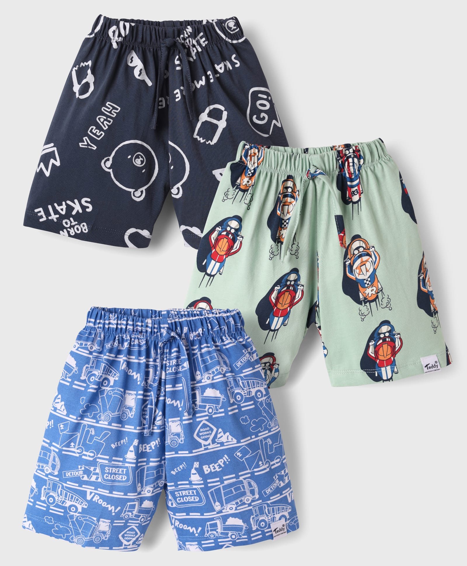 Teddy Sinker Knit Knee Length Shorts With Animal & Vehicles Print Pack Of 3 - Navy Blue Light Green & Blue-picture-5