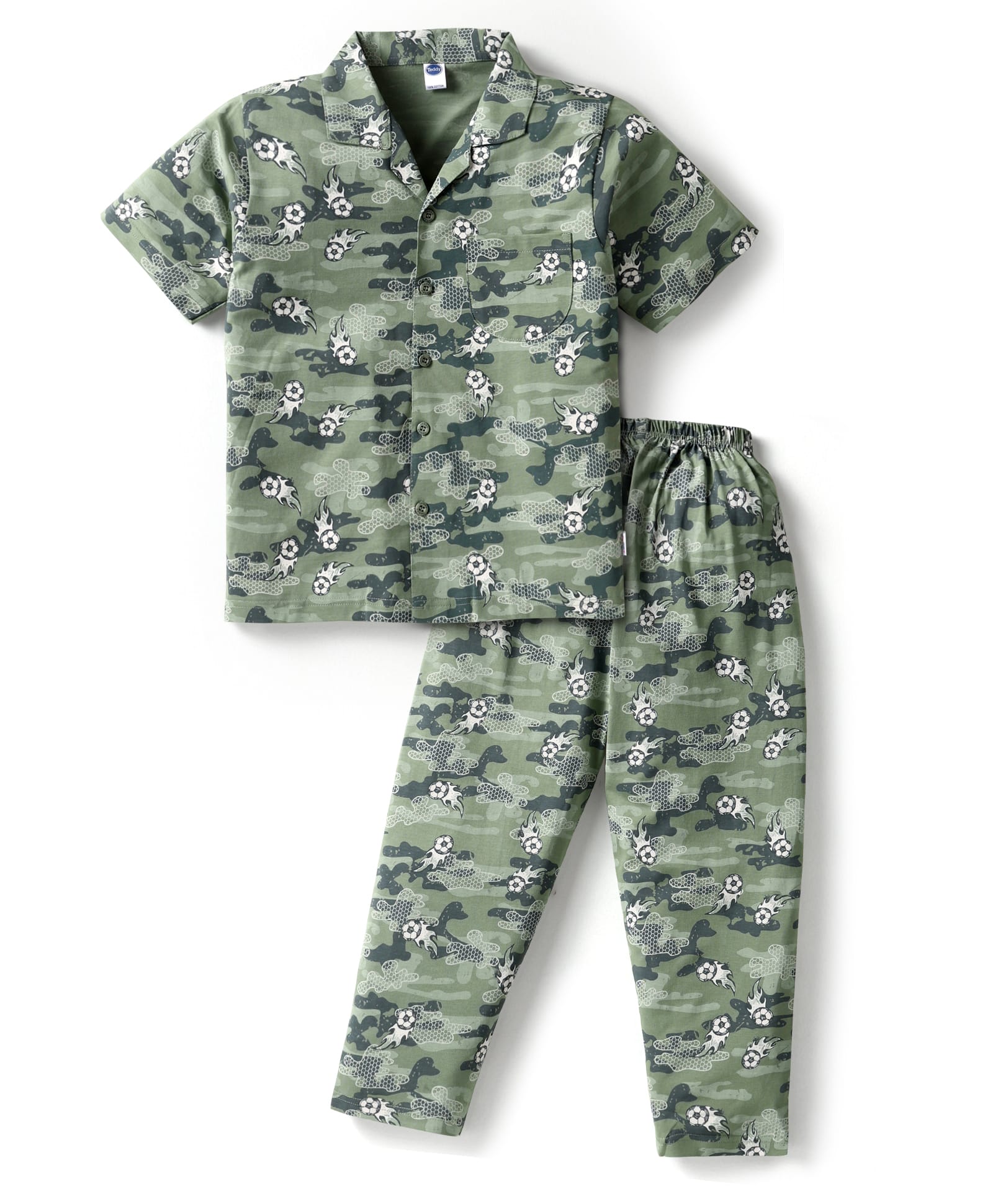 Teddy Sinker Knit Half Sleeves Co-Ord Night Suit With Football Print - Green-picture-41