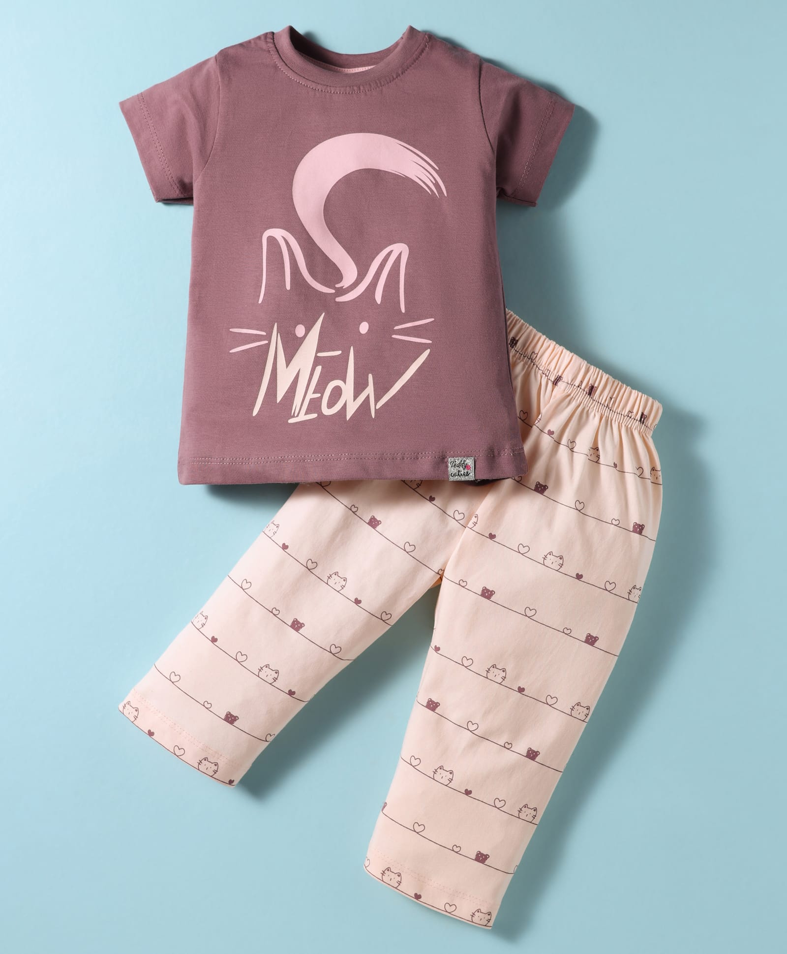 Teddy Sinker Knit Half Sleeves Night Suit With Cat Print - Mauve-picture-24