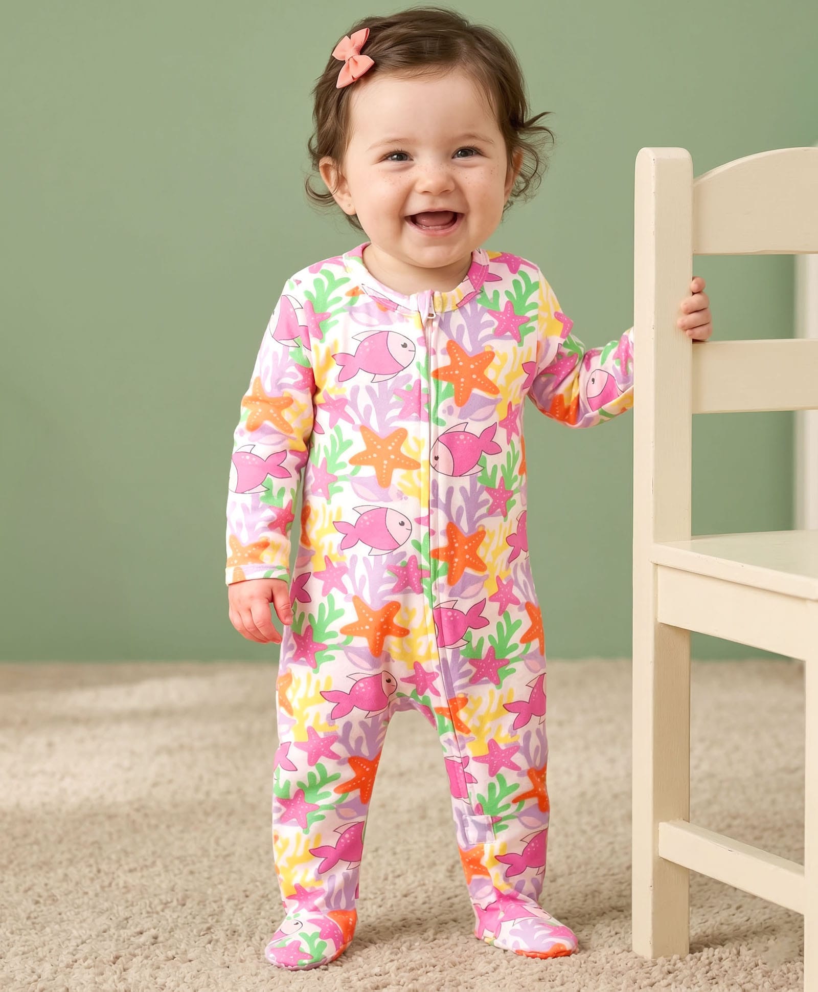 Babyhug Cotton Knit Full Sleeves Footed Sleepsuit With Fish Print - Multicolour-image-14