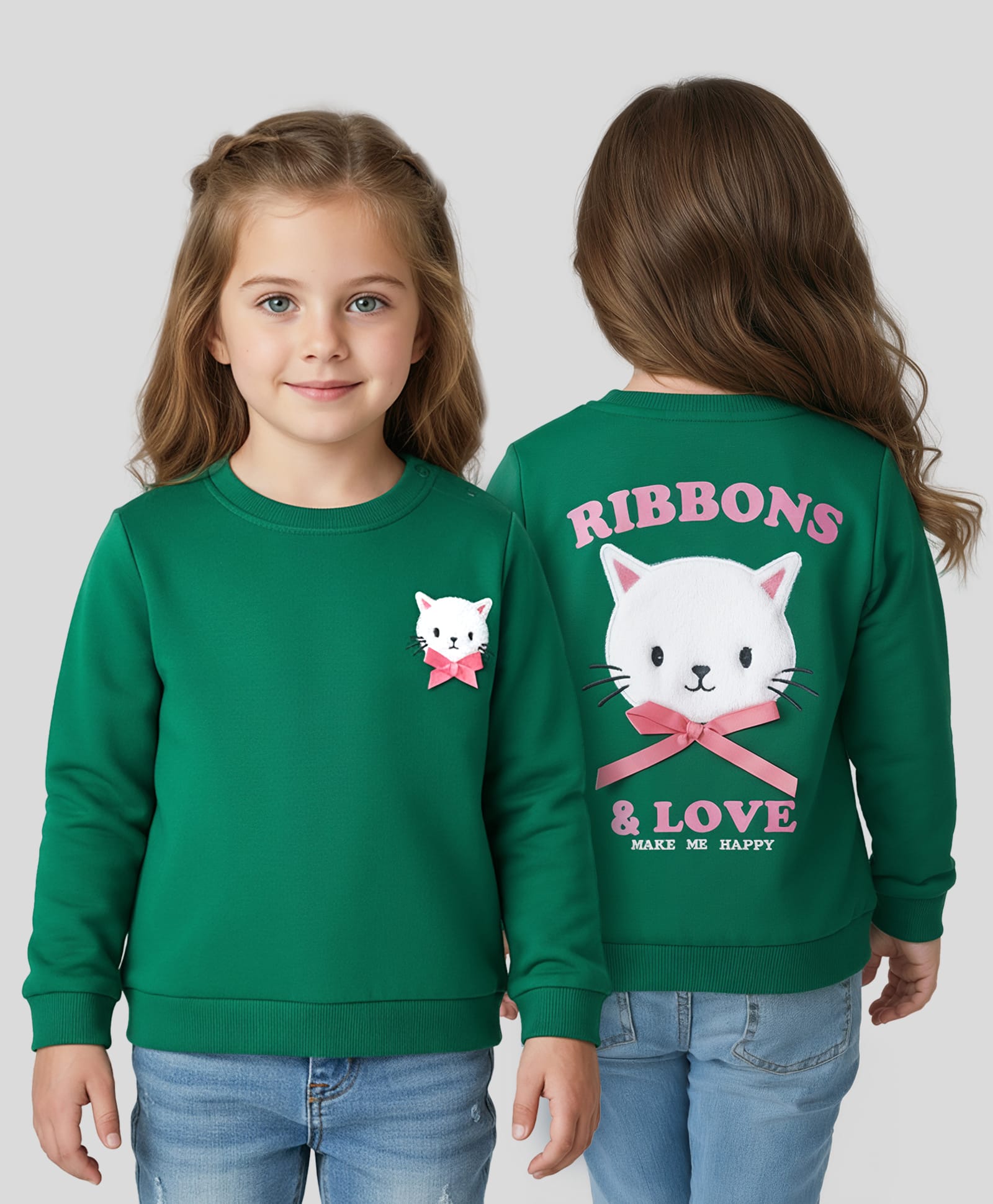 Babyhug Cotton Knit Full Sleeves Sweatshirt With Kitty Embroidery & Bow Applique - Green-image-28