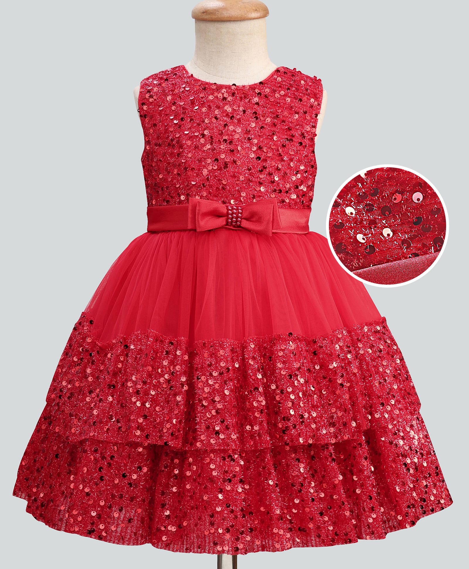 Mark & Mia Cotton Woven Sleeveless Flared Party Dress With Sequins & Bow Applique - Red-image-32