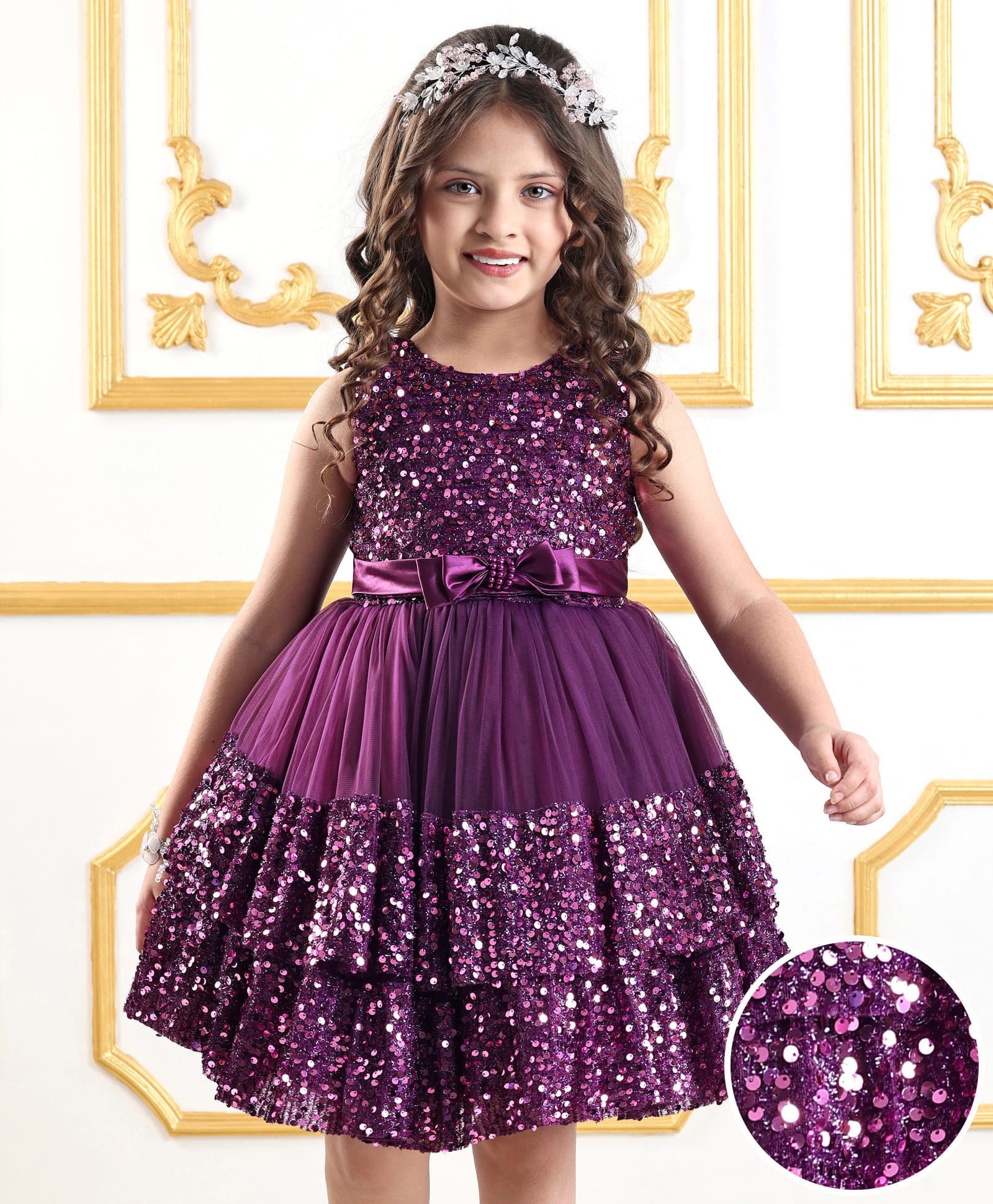 Mark & Mia Cotton Woven Sleeveless Flared Party Dress With Sequins & Bow Applique - Purple