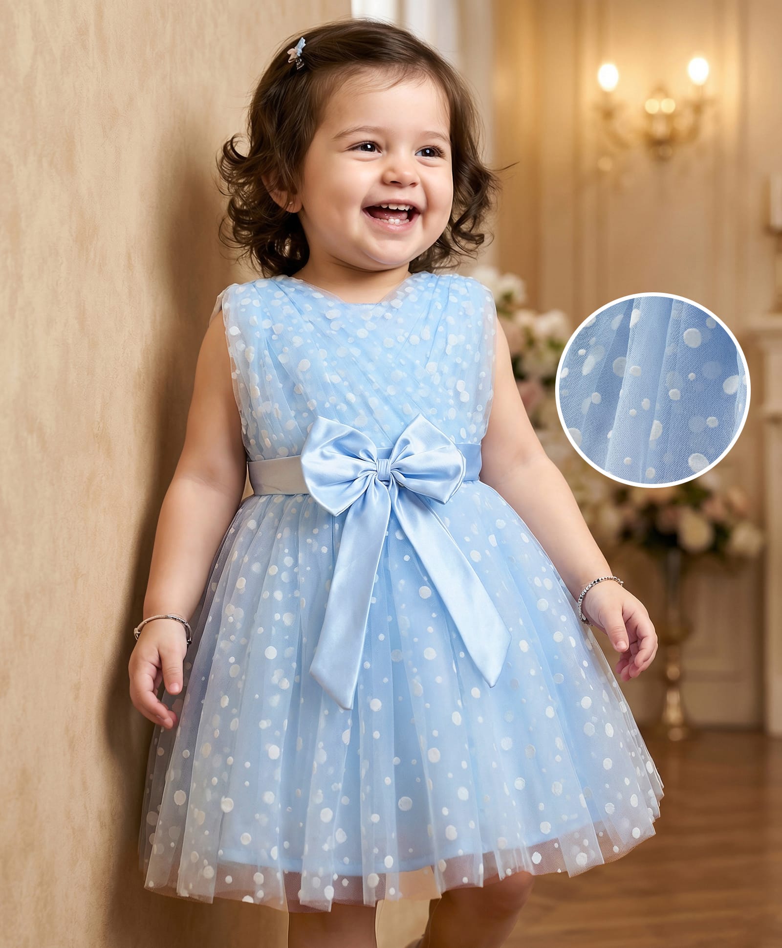 Mark & Mia Woven Sleeveless Party Dress With Polka Dot Print & Bow Applique - Light Blue-image-15
