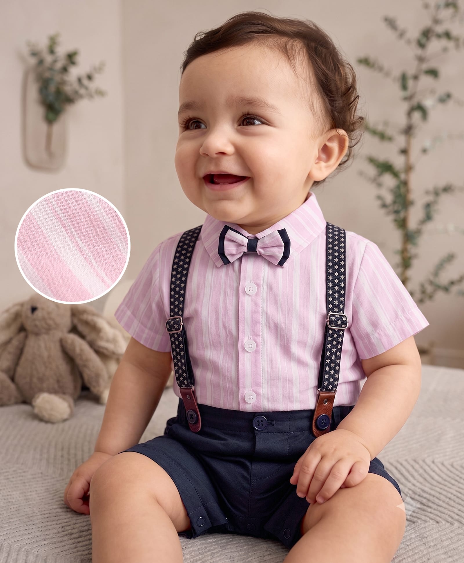 Mark & Mia Cotton Woven Half Sleeves Party Wear Romper With Bow & Suspender - Multi Colour-picture-26
