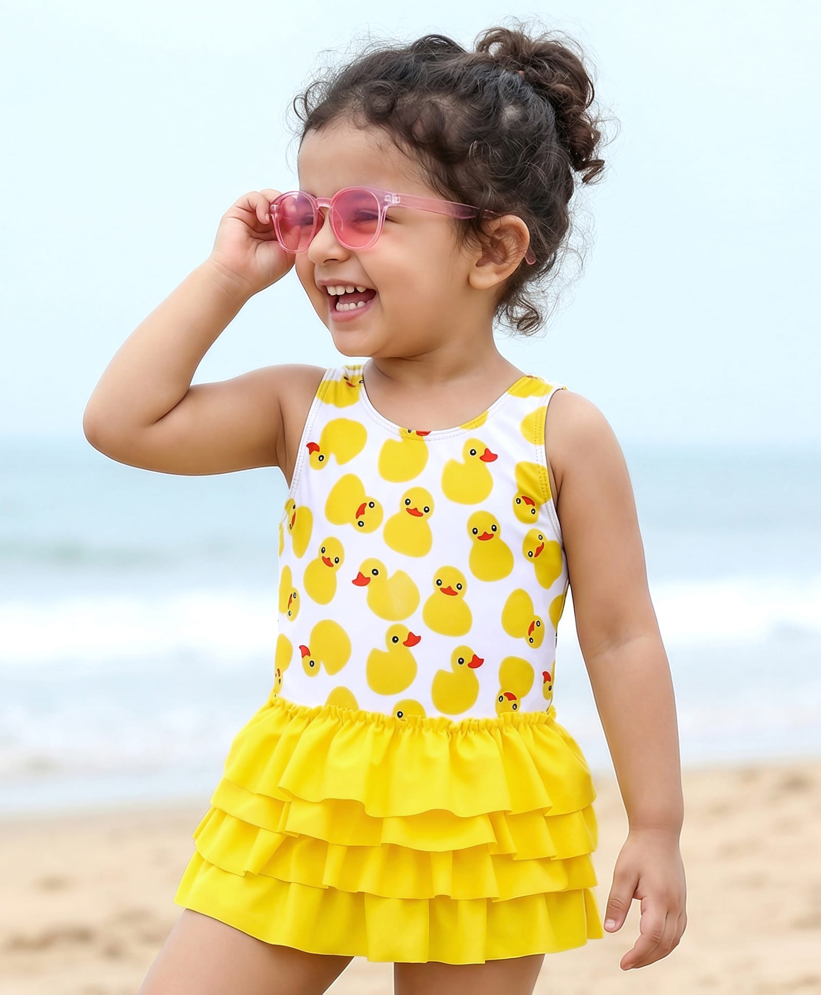 Babyhug Sleeveless Frock Swimsuit With Bird Print -White-image-46
