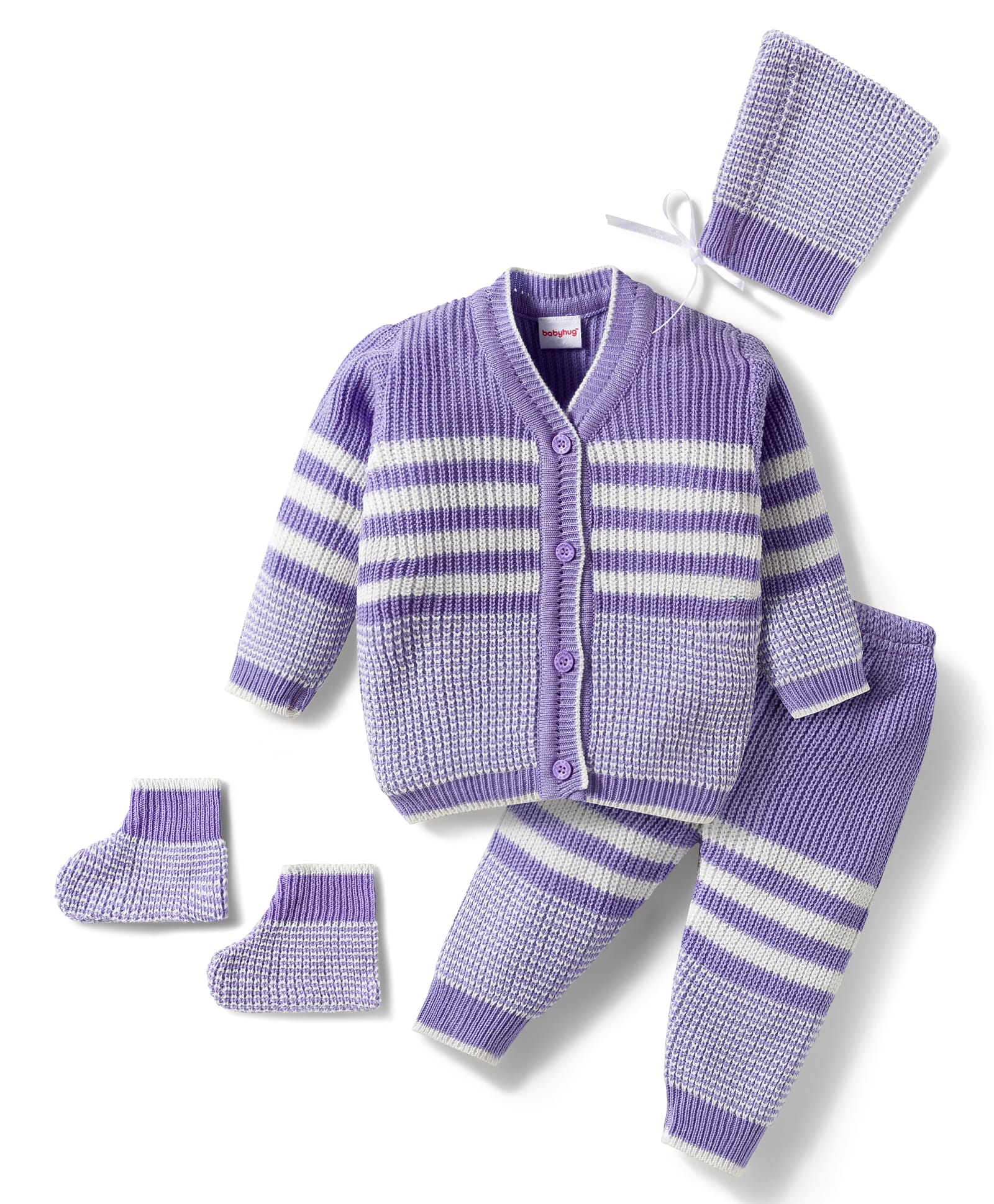 Babyhug Knitted Full Sleeves Striped Sweater Set With Cap & Booties - Lavender-picture-17