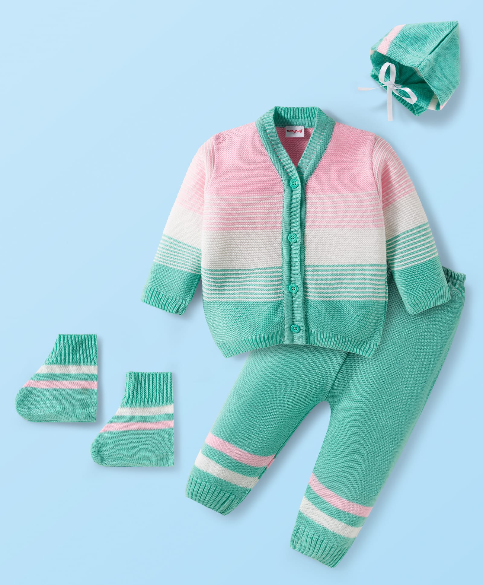 Babyhug Knit Full Sleeves Front Open Sweater Set with Stripes & Cap & Booties - Mint & Pink-image-3