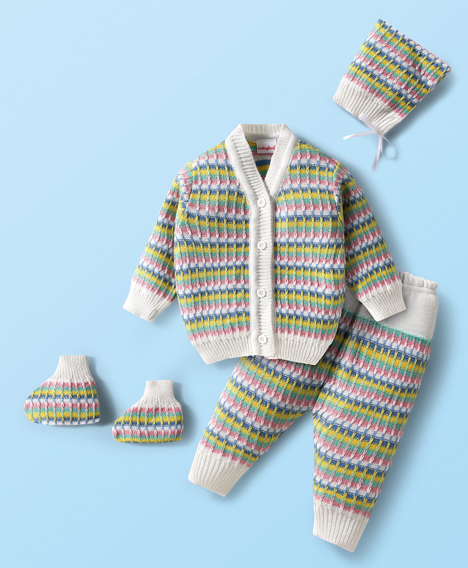 Babyhug Knit Full Sleeves Front Open Sweater & Pant Set with Cap with Knot & Booties with Cable Knit Design - Multicolor-image-42
