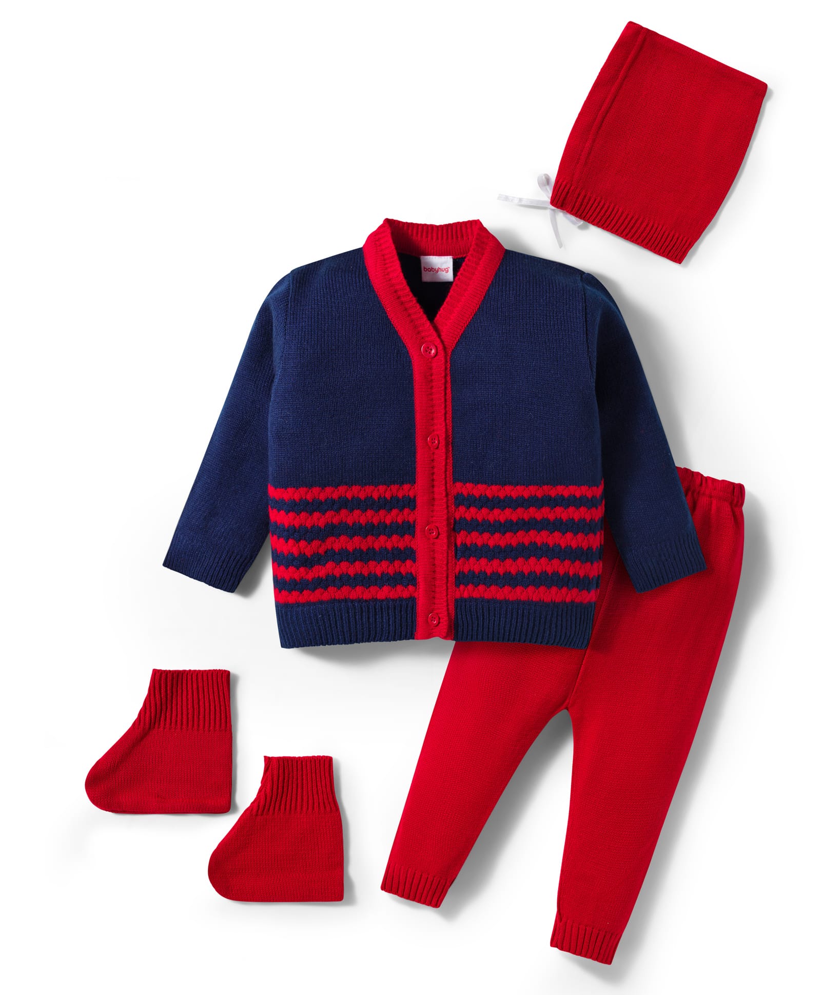 Babyhug Knitted Full Sleeves Striped Sweater Set With Cap & Booties - Red & Navy Blue-image-31