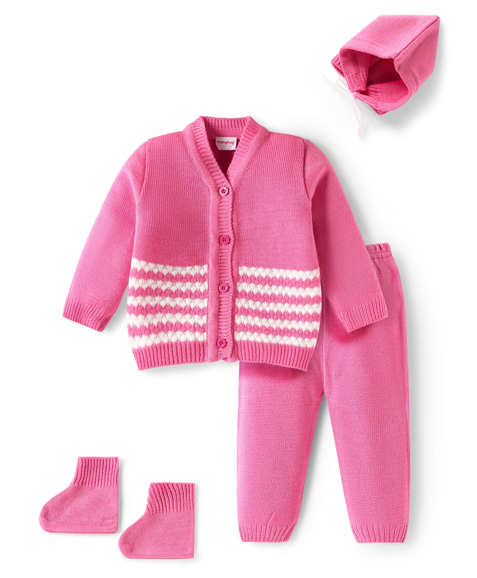 Babyhug Knit Full Sleeves Front Open Shell Designed Sweater Set With Cap & Booties - Pink & White-image-12