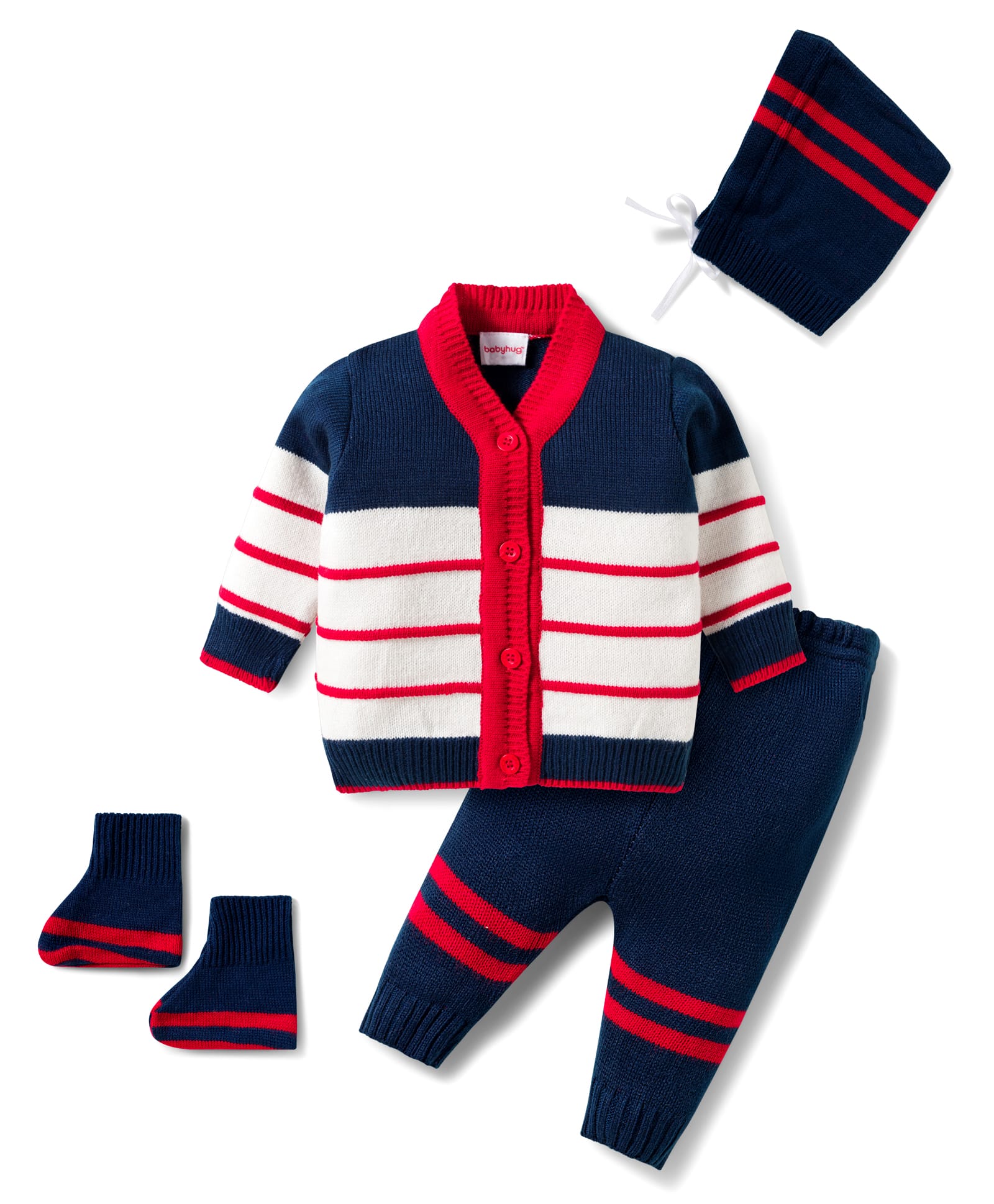 Babyhug Knitted Full Sleeves Striped Sweater Set With Cap & Booties - Navy Blue Red & White-image-33