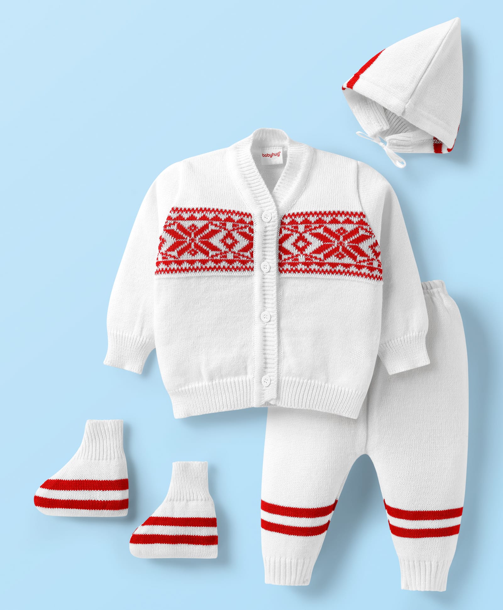 Babyhug Knit Full Sleeves Front Open Sweater Set with Fair Isle Design Booties & Cap with Knot - White & Red-image-39