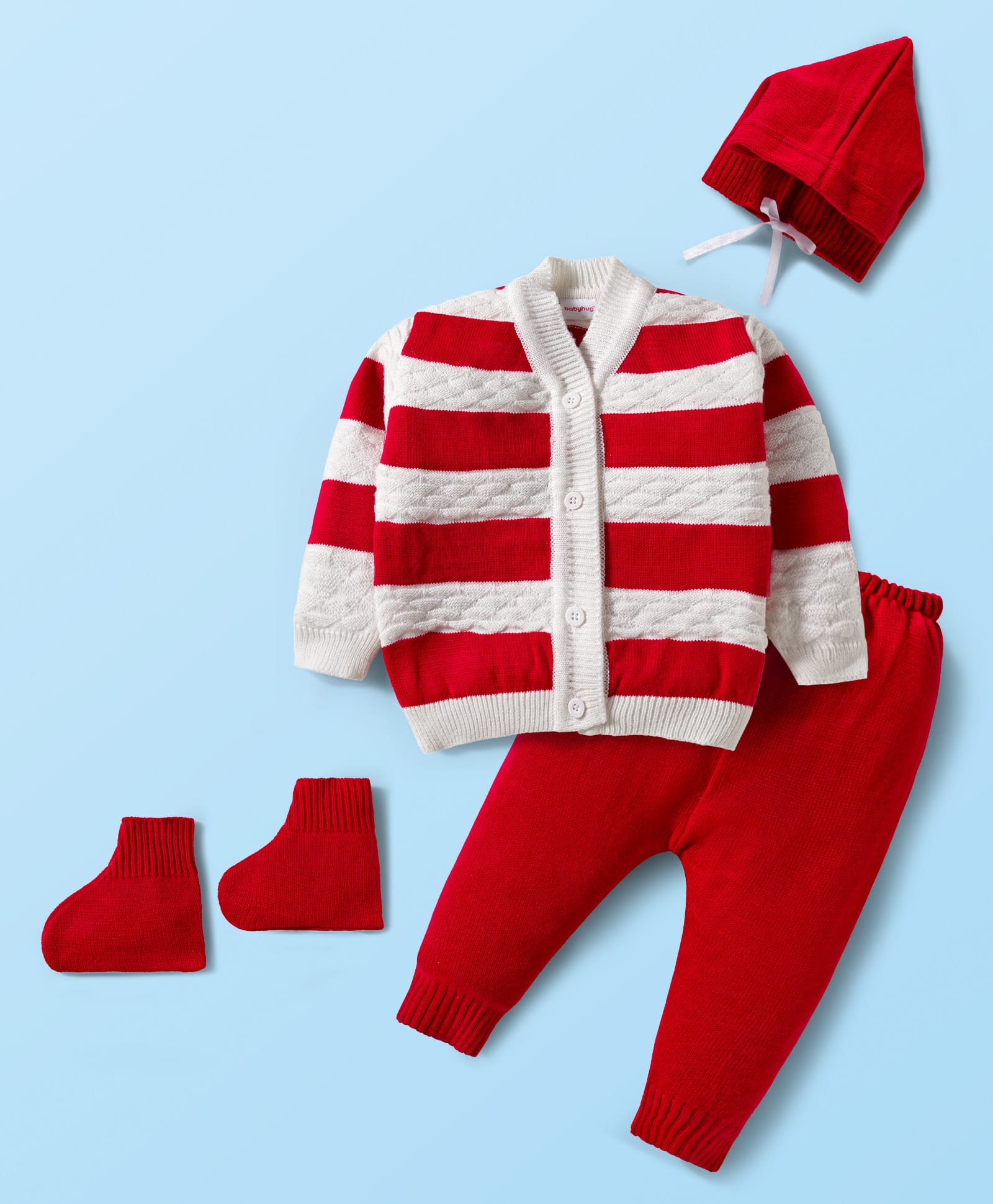 Babyhug Knitted Full Sleeves Striped Sweater Set With Cap & Booties - Red-picture-22